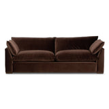 Designed to mimic the casual comfort of a feather duvet, slightly flared arms frame feather-blend cushioning upholstered in a cocoa-colored cotton, for a relaxed look and sink-in feel. Fluff cushions regularly to maintain appearance Amethyst Home provides interior design, new home construction design consulting, vintage area rugs, and lighting in the Washington metro area.