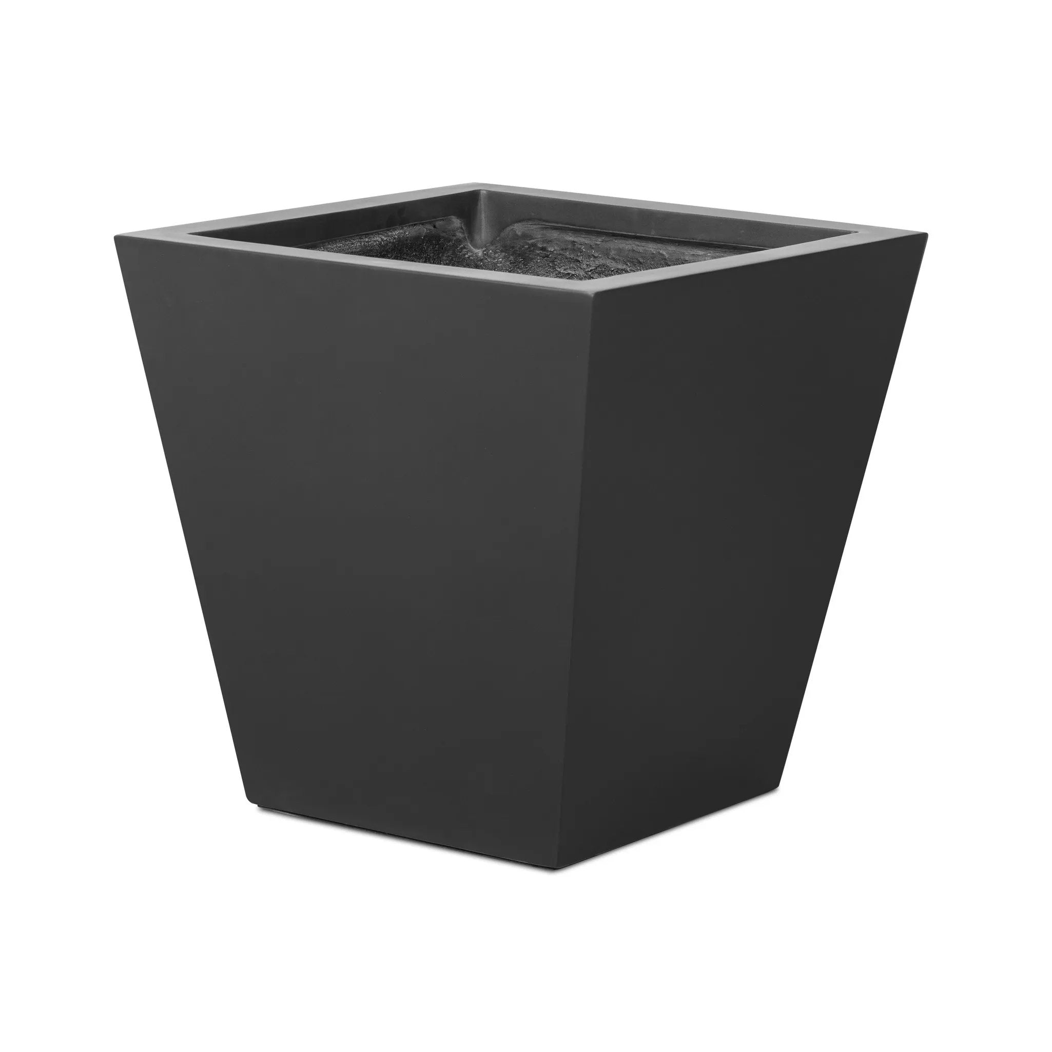 Cast black concrete forms a monolithic planter for use indoors and out. Cover or store indoors during inclement weather and when not in use Amethyst Home provides interior design, new home construction design consulting, vintage area rugs, and lighting in the Kansas City metro area.