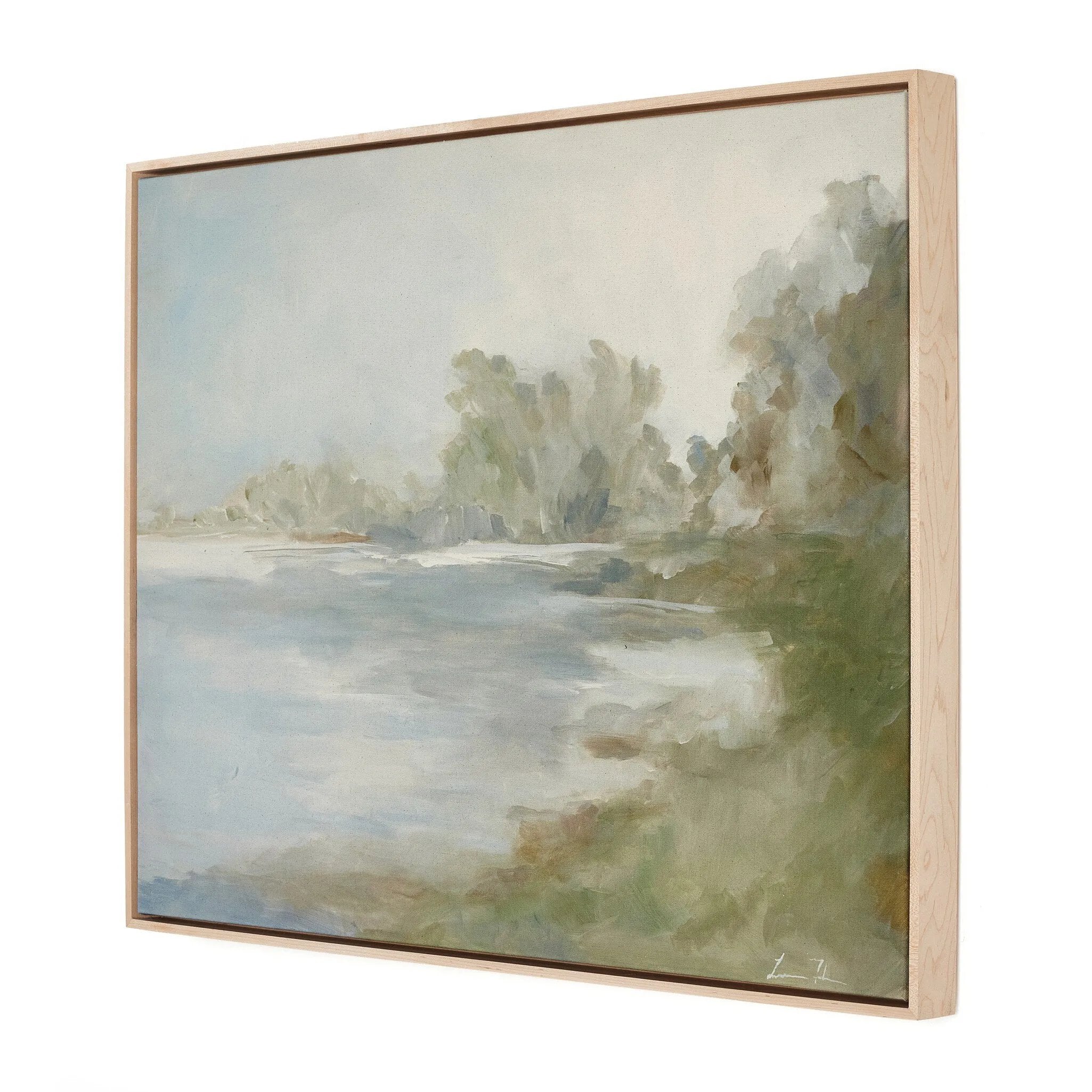 Inspired by nature and the beauty of ordinary life, Dallas-based artist Lauren Fuhr captures a peaceful lake scene. Complemented by a natural maple floater frame. Handmade in Austin, Texas.As enthusiasts of luxe aesthetics at Amethyst, we love the nature inspired Lake by Lauren Fuhr. Amethyst Home provides interior design, new home construction design consulting, vintage area rugs, and lighting in the Des Moines metro area.
