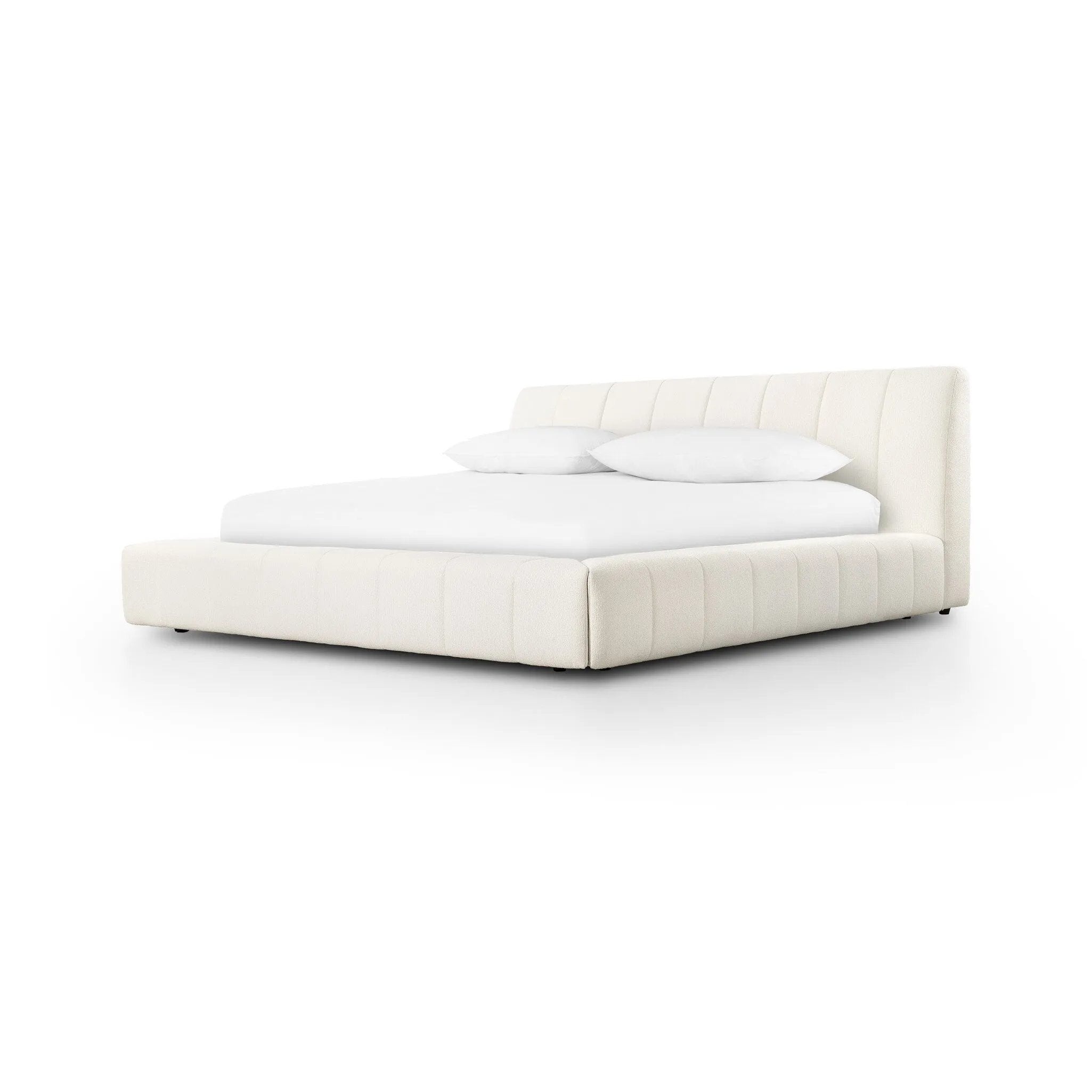 Wide, vertical channeling and low styling speak to the modish Italian influence of this softly textured bed upholstered in cream high-performance fabric. Performance fabrics are specially created to withstand spills, stains, high traffic and wear, ensuring long-term comfort and unmatched durability Amethyst Home provides interior design, new home construction design consulting, vintage area rugs, and lighting in the Salt Lake City metro area.