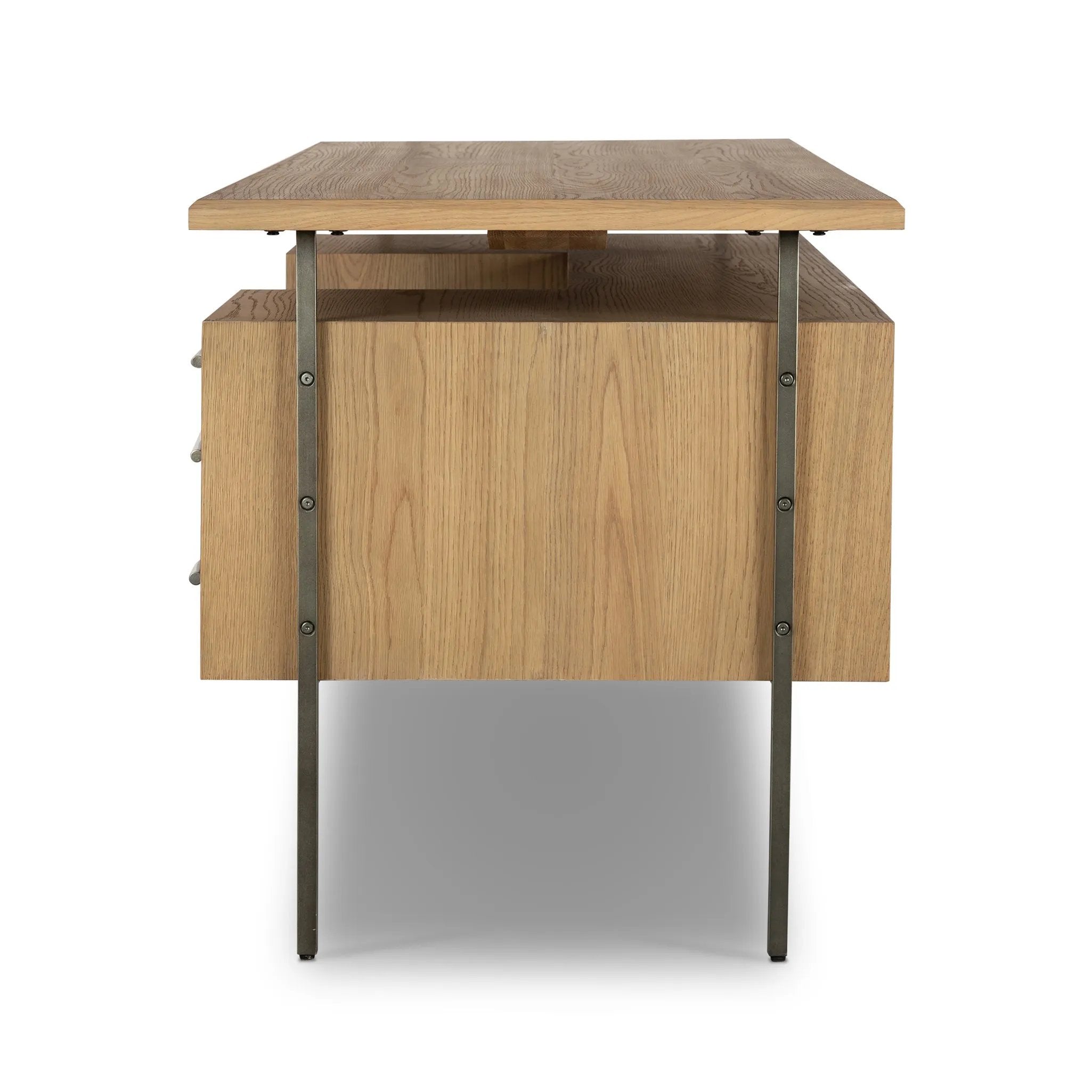 Featuring Lauren Natural Resawn Oak Desk by Four Hands at Amethyst Home. Made from solid oak and reclaimed peroba, a legal-style desk offers major storage with dual cabinetry, including file storage for legal and letter-size documents. A floating top and iron legs keep the look modern and light. This piece is designed in collaboration with Thomas Bina. F. Amethyst Home provides interior design, new home construction design consulting, vintage area rugs, and lighting in the Laguna Beach metro area.