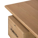 Featuring Lauren Natural Resawn Oak Desk by Four Hands at Amethyst Home. Made from solid oak and reclaimed peroba, a legal-style desk offers major storage with dual cabinetry, including file storage for legal and letter-size documents. A floating top and iron legs keep the look modern and light. This piece is designed in collaboration with Thomas Bina. . Amethyst Home provides interior design, new home construction design consulting, vintage area rugs, and lighting in the Newport Beach metro area.