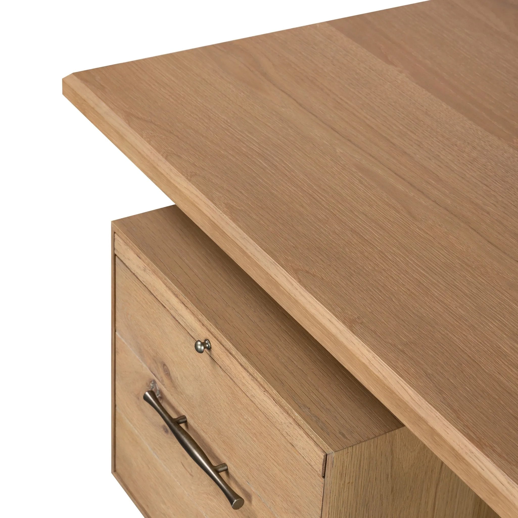 Featuring Lauren Natural Resawn Oak Desk by Four Hands at Amethyst Home. Made from solid oak and reclaimed peroba, a legal-style desk offers major storage with dual cabinetry, including file storage for legal and letter-size documents. A floating top and iron legs keep the look modern and light. This piece is designed in collaboration with Thomas Bina. . Amethyst Home provides interior design, new home construction design consulting, vintage area rugs, and lighting in the Newport Beach metro area.