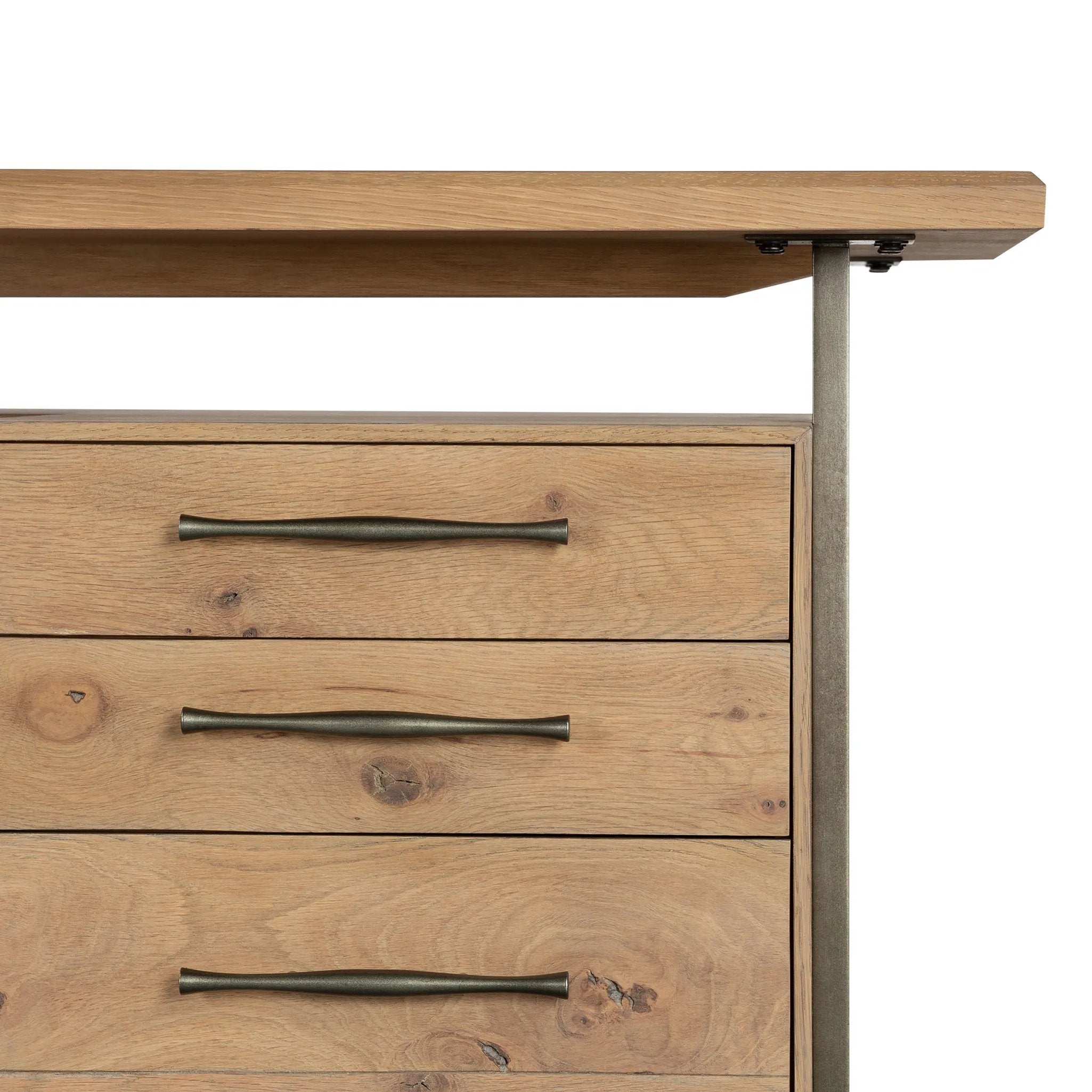 Featuring Lauren Natural Resawn Oak Desk by Four Hands at Amethyst Home. Made from solid oak and reclaimed peroba, a legal-style desk offers major storage with dual cabinetry, including file storage for legal and letter-size documents. A floating top and iron legs keep the look modern and light. This piece is designed in collaboration with Thomas Bina. Four Han. Amethyst Home provides interior design, new home construction design consulting, vintage area rugs, and lighting in the Omaha metro area.