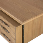 Featuring Lauren Natural Resawn Oak Desk by Four Hands at Amethyst Home. Made from solid oak and reclaimed peroba, a legal-style desk offers major storage with dual cabinetry, including file storage for legal and letter-size documents. A floating top and iron legs keep the look modern and light. This piece is designed in collaboration with Thomas Bina. Four. Amethyst Home provides interior design, new home construction design consulting, vintage area rugs, and lighting in the Park City metro area.
