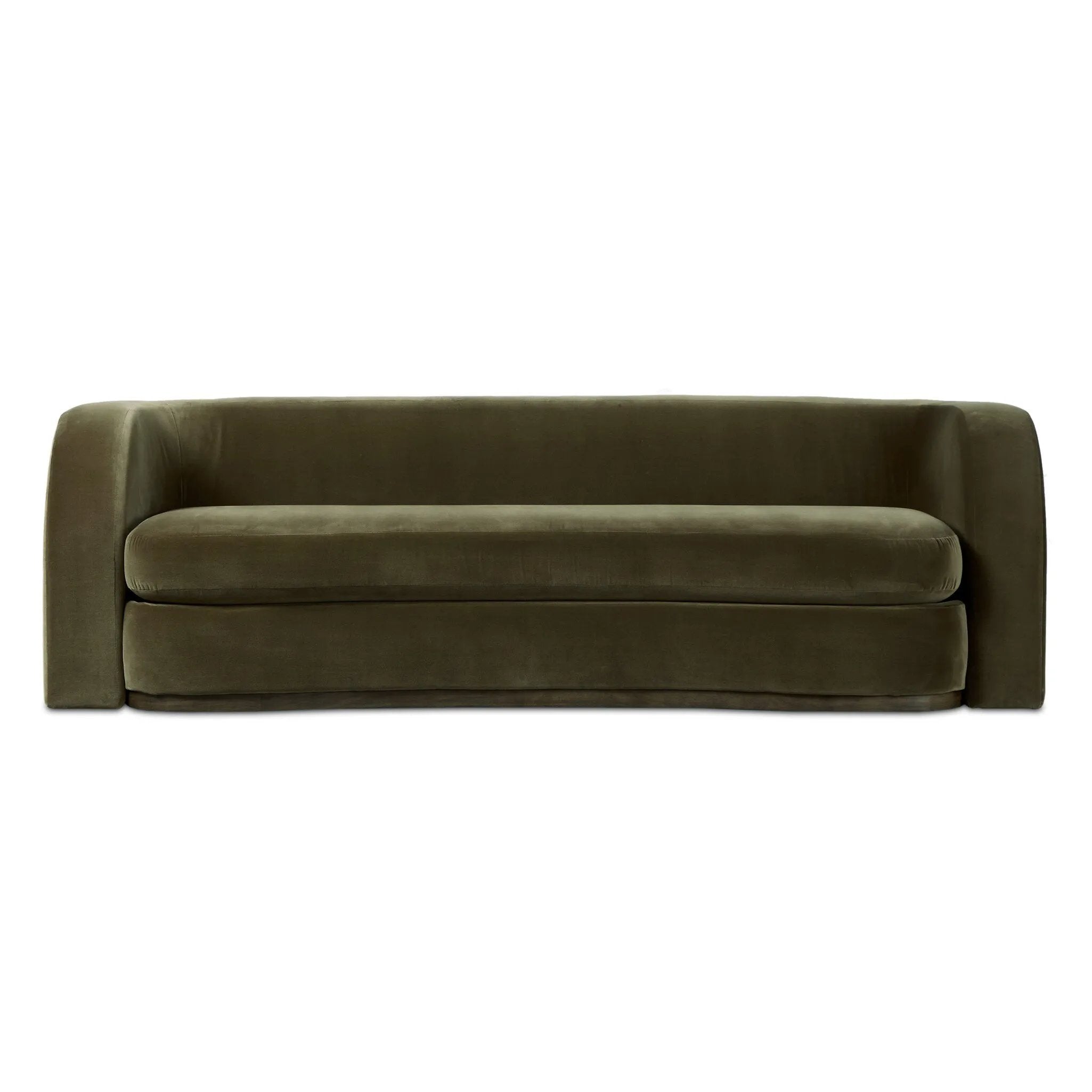 Lounge or entertain on this velvety bench-style sofa. The solid wood frame features a gentle curve at the front, while the olive performance fabric introduces rich, unexpected color to the living area. Performance fabrics are specially created to withstand spills, stains, high traffic and wear, ensuring long-term comfort and unmatched durability. Amethyst Home provides interior design, new home construction design consulting, vintage area rugs, and lighting in the Houston metro area.