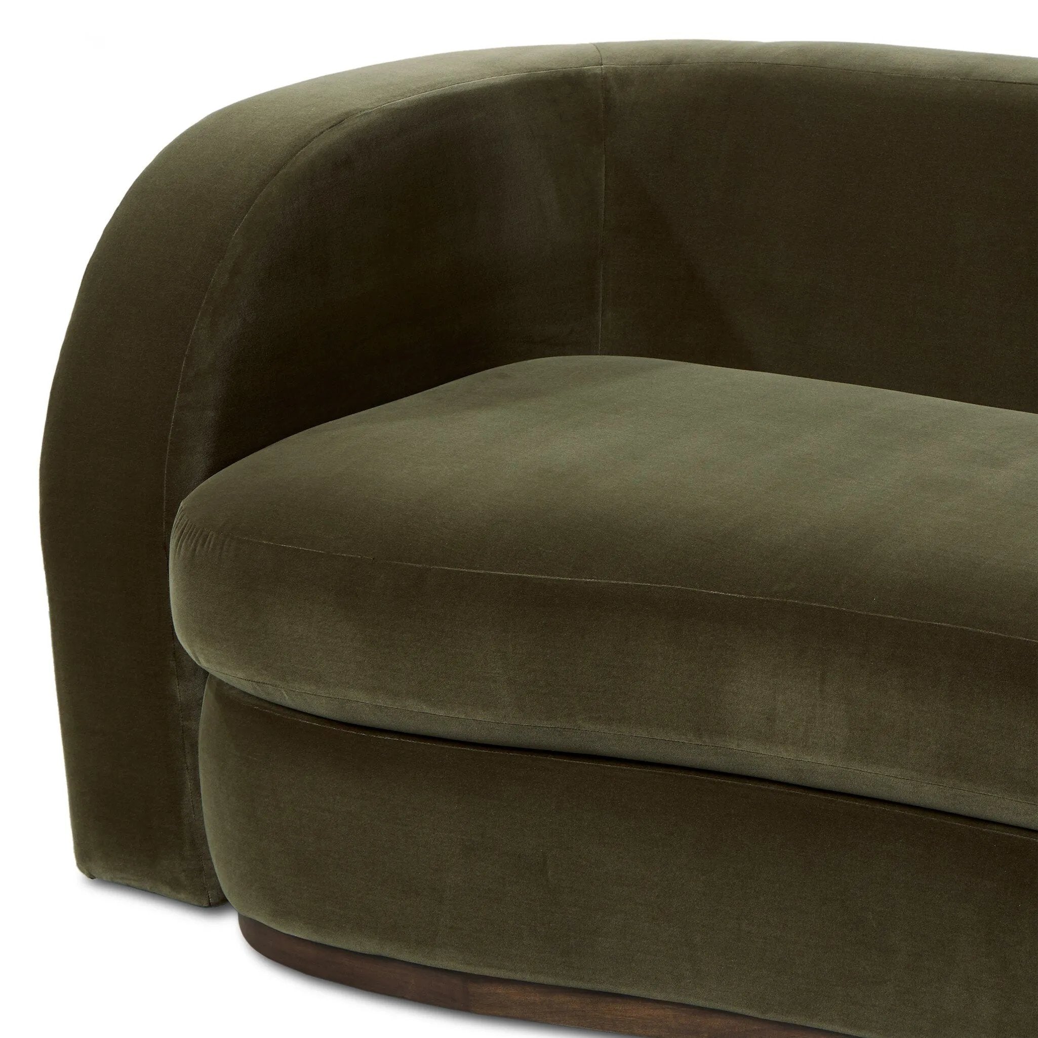 Lounge or entertain on this velvety bench-style sofa. The solid wood frame features a gentle curve at the front, while the olive performance fabric introduces rich, unexpected color to the living area. Performance fabrics are specially created to withstand spills, stains, high traffic and wear, ensuring long-term comfort and unmatched durability. Amethyst Home provides interior design, new home construction design consulting, vintage area rugs, and lighting in the Los Angeles metro area.