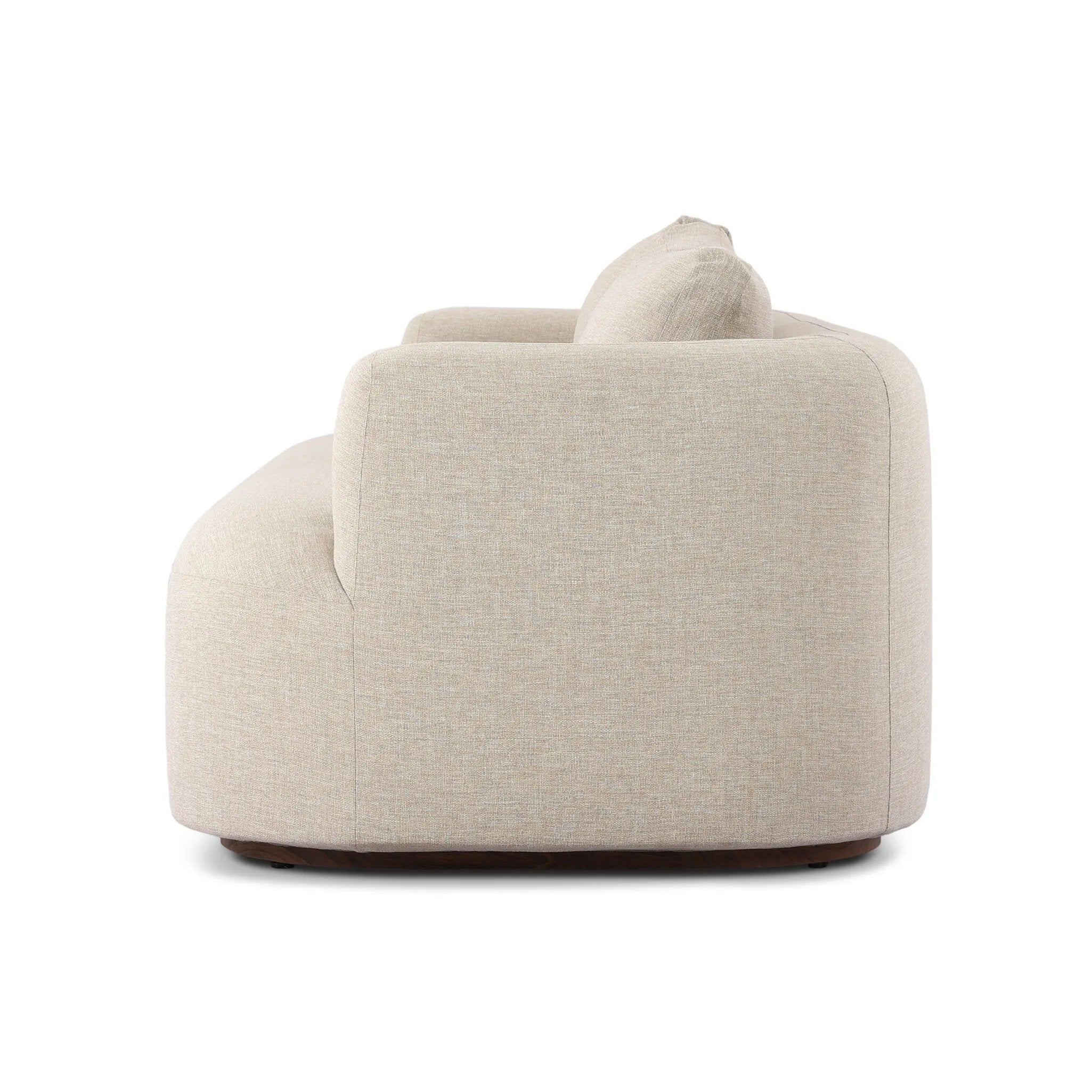 Settle into comfort outdoors. An inviting outdoor sofa features a rounded, inflated silhouette crafted from solid FSC®-certified teak. Finished in high-performance upholstery, with welcoming wide arms and loose back cushions for easy lounging. Cover or store indoors during inclement weather and when not in use Amethyst Home provides interior design, new home construction design consulting, vintage area rugs, and lighting in the Laguna Beach metro area.