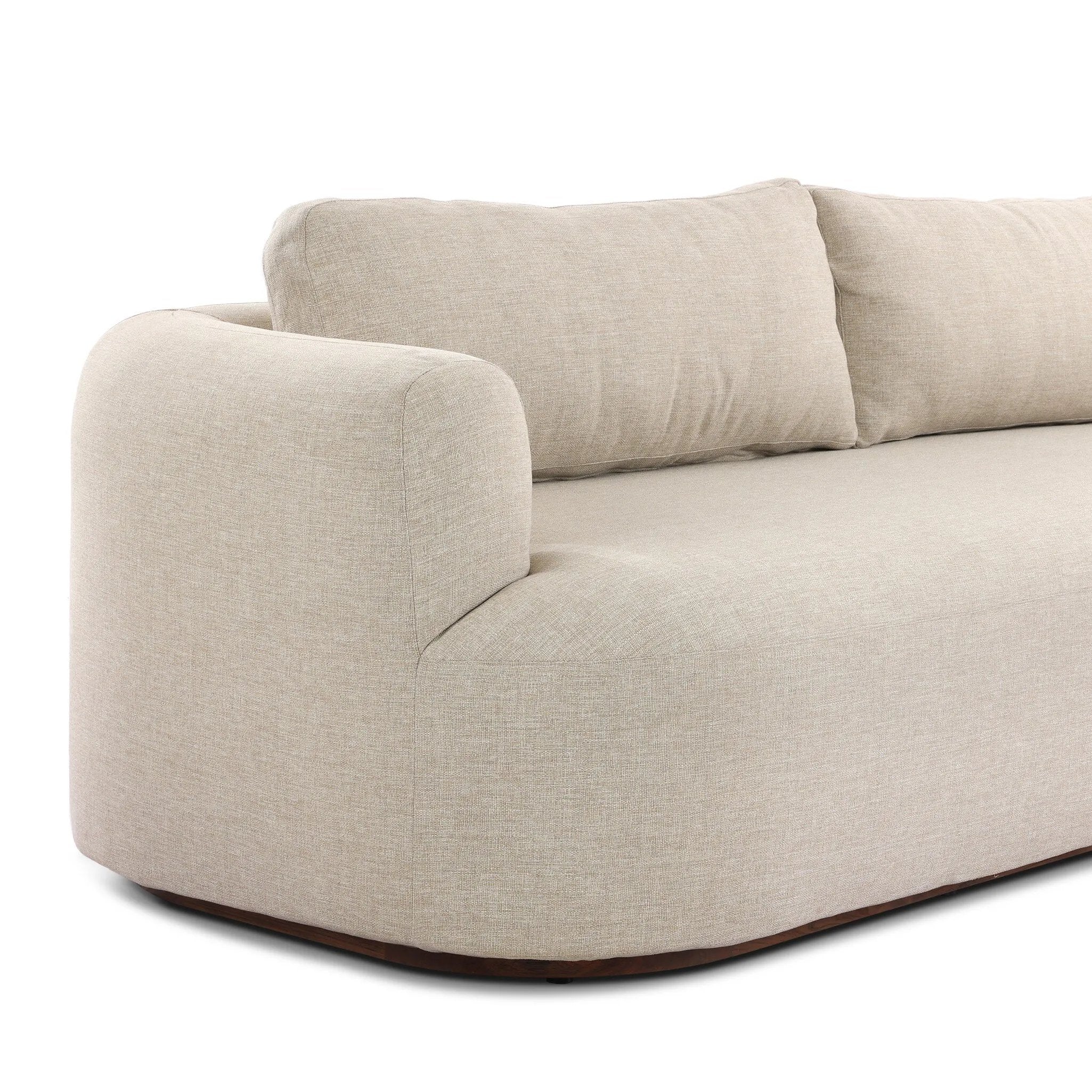 Settle into comfort outdoors. An inviting outdoor sofa features a rounded, inflated silhouette crafted from solid FSC®-certified teak. Finished in high-performance upholstery, with welcoming wide arms and loose back cushions for easy lounging. Cover or store indoors during inclement weather and when not in use Amethyst Home provides interior design, new home construction design consulting, vintage area rugs, and lighting in the Monterey metro area.