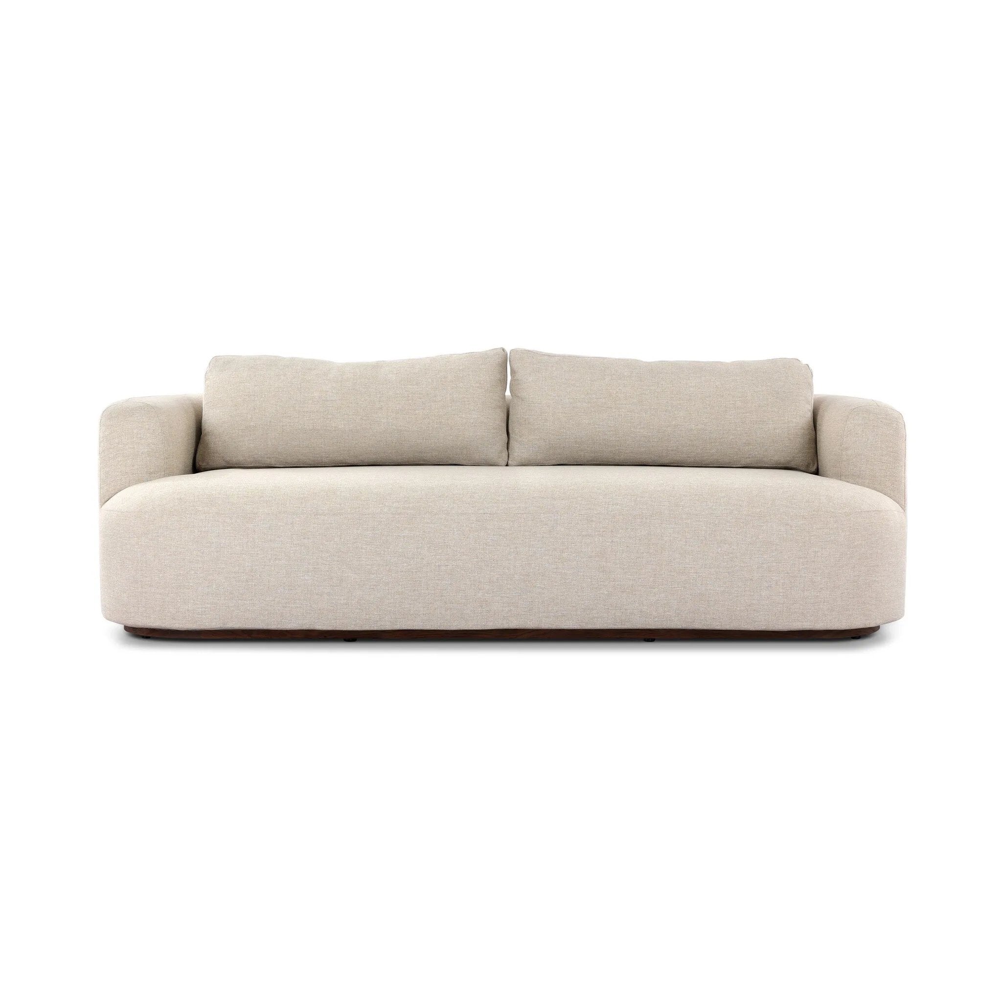 Settle into comfort outdoors. An inviting outdoor sofa features a rounded, inflated silhouette crafted from solid FSC®-certified teak. Finished in high-performance upholstery, with welcoming wide arms and loose back cushions for easy lounging. Cover or store indoors during inclement weather and when not in use Amethyst Home provides interior design, new home construction design consulting, vintage area rugs, and lighting in the Park City metro area.