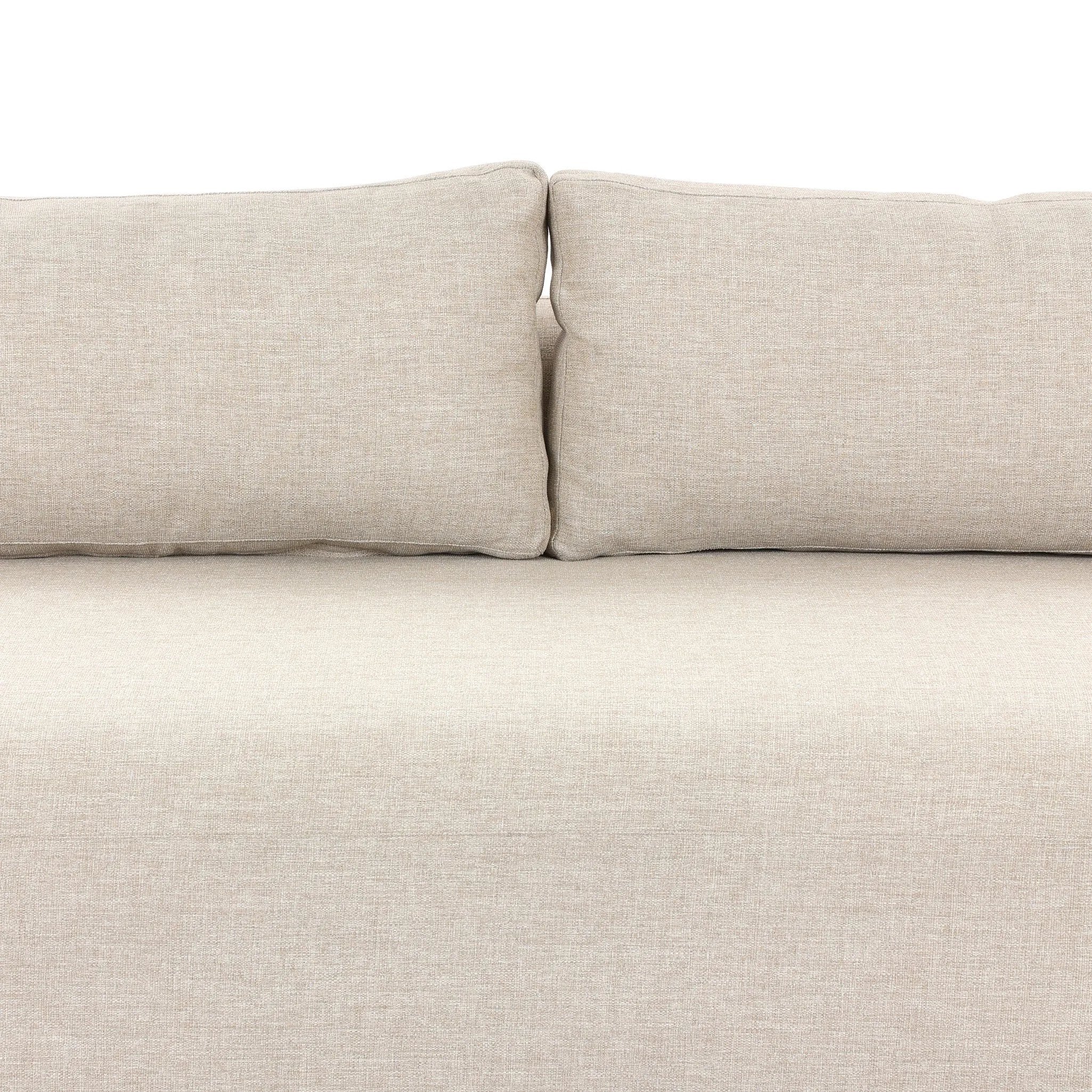 Settle into comfort outdoors. An inviting outdoor sofa features a rounded, inflated silhouette crafted from solid FSC®-certified teak. Finished in high-performance upholstery, with welcoming wide arms and loose back cushions for easy lounging. Cover or store indoors during inclement weather and when not in use Amethyst Home provides interior design, new home construction design consulting, vintage area rugs, and lighting in the Washington metro area.