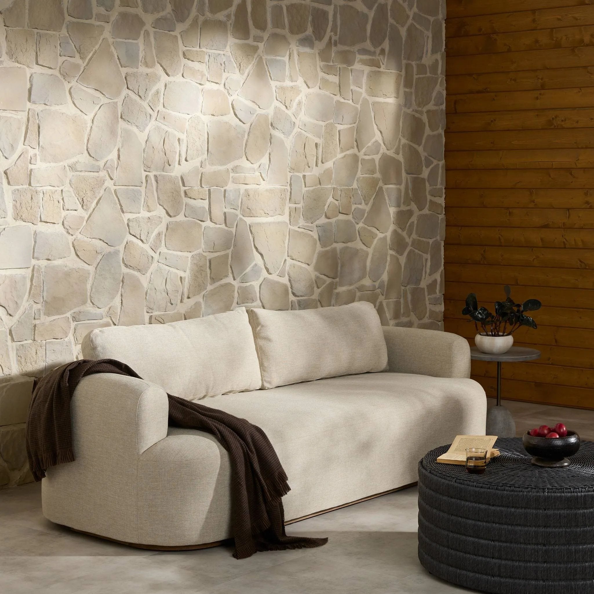 Settle into comfort outdoors. An inviting outdoor sofa features a rounded, inflated silhouette crafted from solid FSC®-certified teak. Finished in high-performance upholstery, with welcoming wide arms and loose back cushions for easy lounging. Cover or store indoors during inclement weather and when not in use Amethyst Home provides interior design, new home construction design consulting, vintage area rugs, and lighting in the Winter Garden metro area.