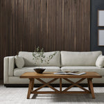 Traditional goes modern. Doubled-stacked arms and cushioning make for a layered look with maximum comfort, while high-performance upholstery is great for everyday lounging. Finished in an auburn walnut, a 360 plinth-style base offers a touch of contrast. Amethyst Home provides interior design, new home construction design consulting, vintage area rugs, and lighting in the Miami metro area.