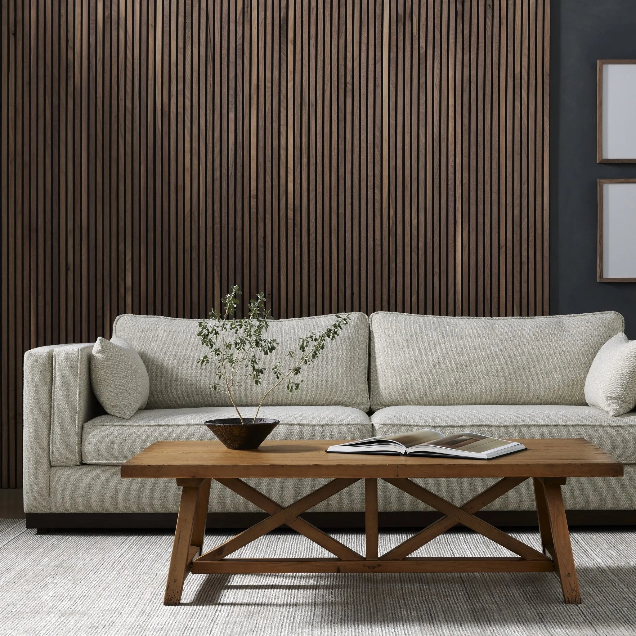 Traditional goes modern. Doubled-stacked arms and cushioning make for a layered look with maximum comfort, while high-performance upholstery is great for everyday lounging. Finished in an auburn walnut, a 360 plinth-style base offers a touch of contrast. Amethyst Home provides interior design, new home construction design consulting, vintage area rugs, and lighting in the Miami metro area.