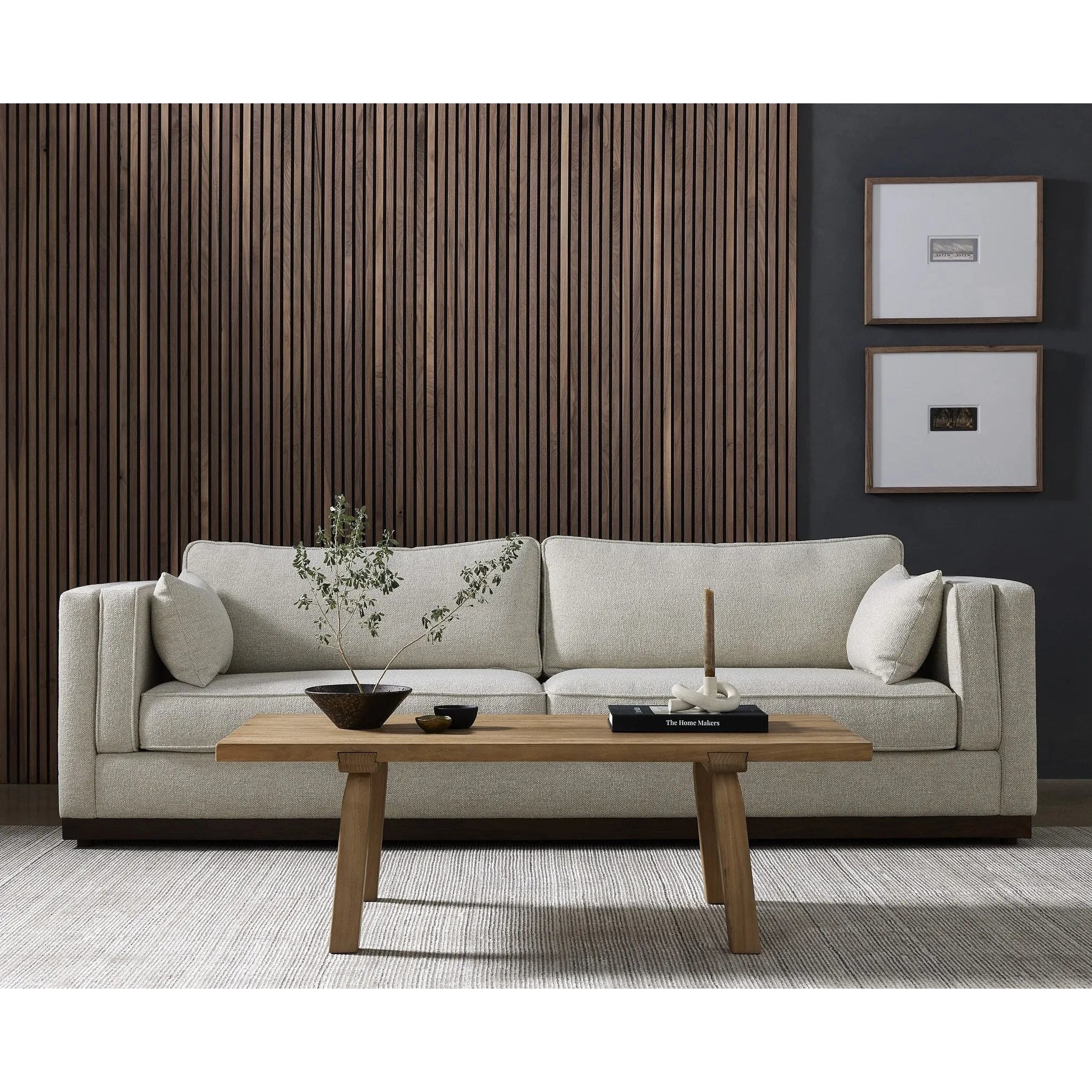 Traditional goes modern. Doubled-stacked arms and cushioning make for a layered look with maximum comfort, while high-performance upholstery is great for everyday lounging. Finished in an auburn walnut, a 360 plinth-style base offers a touch of contrast. Amethyst Home provides interior design, new home construction design consulting, vintage area rugs, and lighting in the Newport Beach metro area.