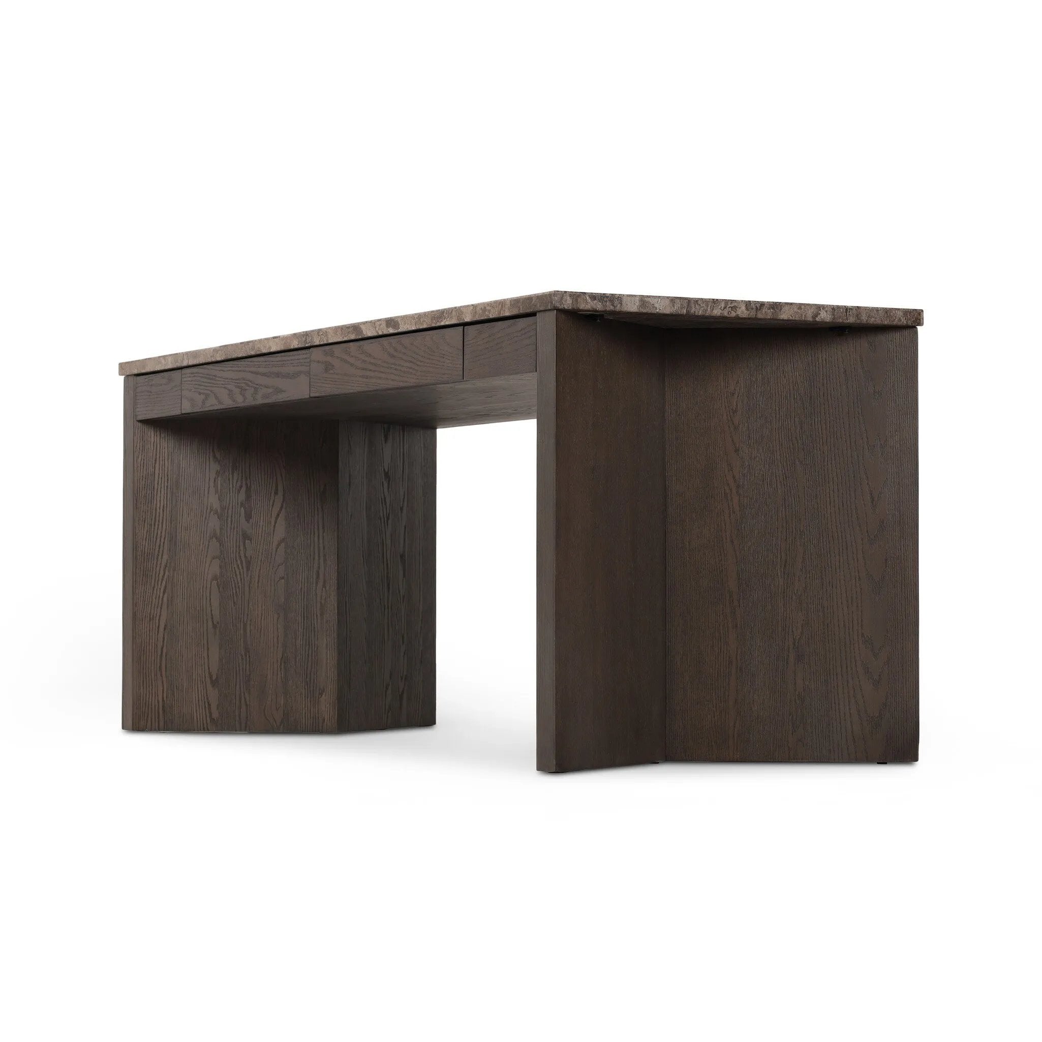 Featuring Lawson Brown Oak Veneer Desk by Four Hands at Amethyst Home. The traditional writing desk, elevated with mixed materials. Vein-rich marble tops an angular brown oak base, with two pencil drawers for storage. Overall Dimensions: 73.50"w x 28.00"d x 30.00"h. Amethyst Home provides interior design, new home construction design consulting, vintage area rugs, and lighting in the Boston metro area.