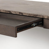 Featuring Lawson Brown Oak Veneer Desk by Four Hands at Amethyst Home. The traditional writing desk, elevated with mixed materials. Vein-rich marble tops an angular brown oak base, with two pencil drawers for storage. Overall Dimensions: 73.50"w x 28.00"d x 30.00"h. Amethyst Home provides interior design, new home construction design consulting, vintage area rugs, and lighting in the Houston metro area.
