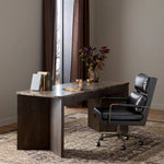 Featuring Lawson Brown Oak Veneer Desk by Four Hands at Amethyst Home. The traditional writing desk, elevated with mixed materials. Vein-rich marble tops an angular brown oak base, with two pencil drawers for storage. Overall Dimensions: 73.50"w x 28.00"d x 30.00"h. Amethyst Home provides interior design, new home construction design consulting, vintage area rugs, and lighting in the San Diego metro area.