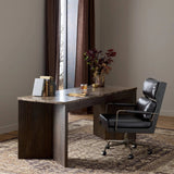 Featuring Lawson Brown Oak Veneer Desk by Four Hands at Amethyst Home. The traditional writing desk, elevated with mixed materials. Vein-rich marble tops an angular brown oak base, with two pencil drawers for storage. Overall Dimensions: 73.50"w x 28.00"d x 30.00"h. Amethyst Home provides interior design, new home construction design consulting, vintage area rugs, and lighting in the San Diego metro area.