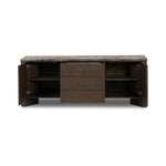 The traditional media console, elevated with mixed materials. Vein-rich marble tops an angular brown oak base, with three drawers flanked by cabinets for storage. Rear cutouts for cord management.As enthusiasts of wabi sabi design at Amethyst, we love the designer inspired Lawson Media Console. Amethyst Home provides interior design, new home construction design consulting, vintage area rugs, and lighting in the Alpharetta metro area.