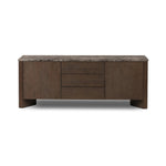 The traditional media console, elevated with mixed materials. Vein-rich marble tops an angular brown oak base, with three drawers flanked by cabinets for storage. Rear cutouts for cord management.As enthusiasts of wabi sabi design at Amethyst, we love the designer inspired Lawson Media Console. Amethyst Home provides interior design, new home construction design consulting, vintage area rugs, and lighting in the Boston metro area.