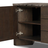 The traditional media console, elevated with mixed materials. Vein-rich marble tops an angular brown oak base, with three drawers flanked by cabinets for storage. Rear cutouts for cord management.As enthusiasts of wabi sabi design at Amethyst, we love the designer inspired Lawson Media Console. Amethyst Home provides interior design, new home construction design consulting, vintage area rugs, and lighting in the Monterey metro area.
