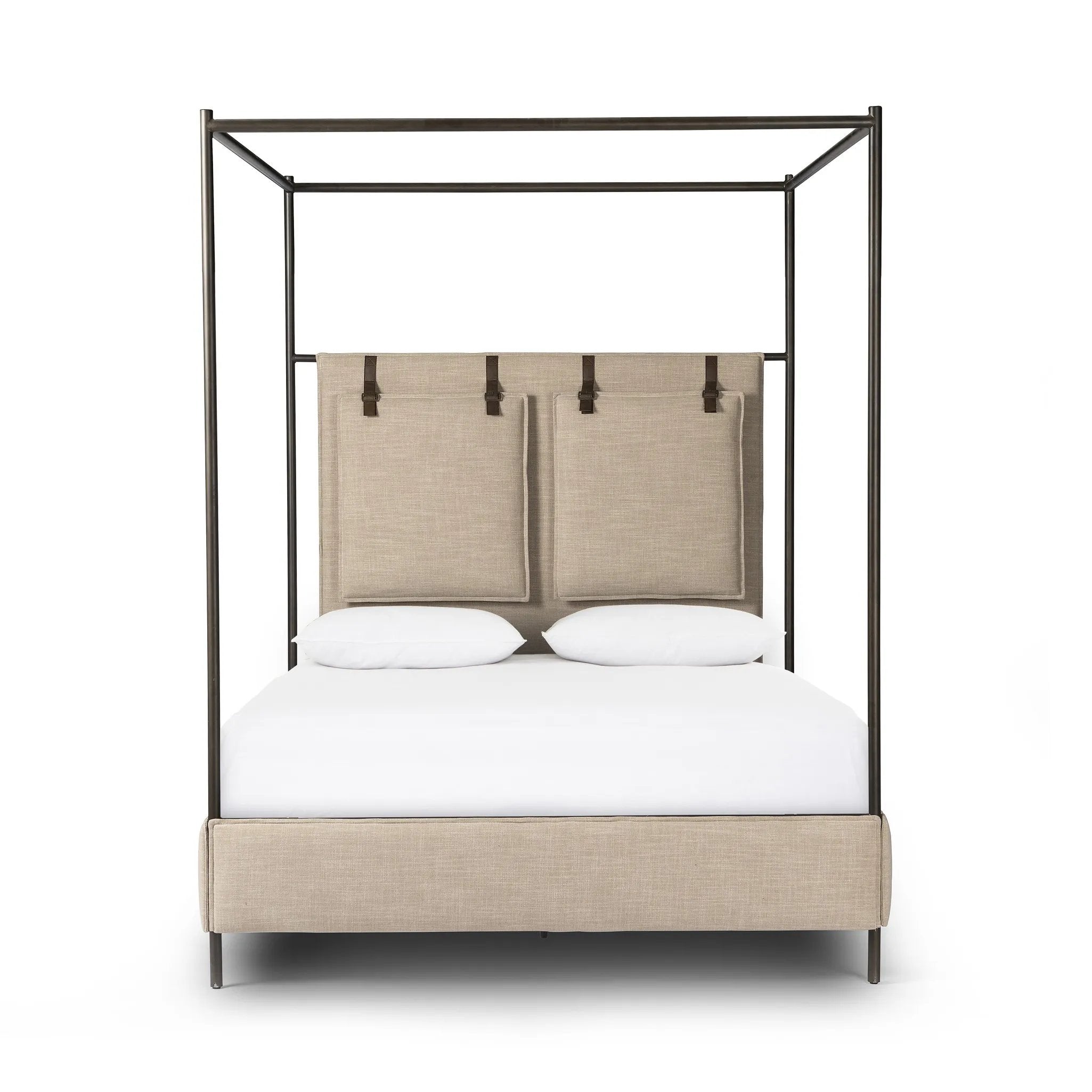 Safari styling gets refreshed with modern-minded high-performance fabric. Leather straps secure decorative suspended headboard pillows. Box spring required. This bed is not compatible with an adjustable mattress Amethyst Home provides interior design, new home construction design consulting, vintage area rugs, and lighting in the Alpharetta metro area.