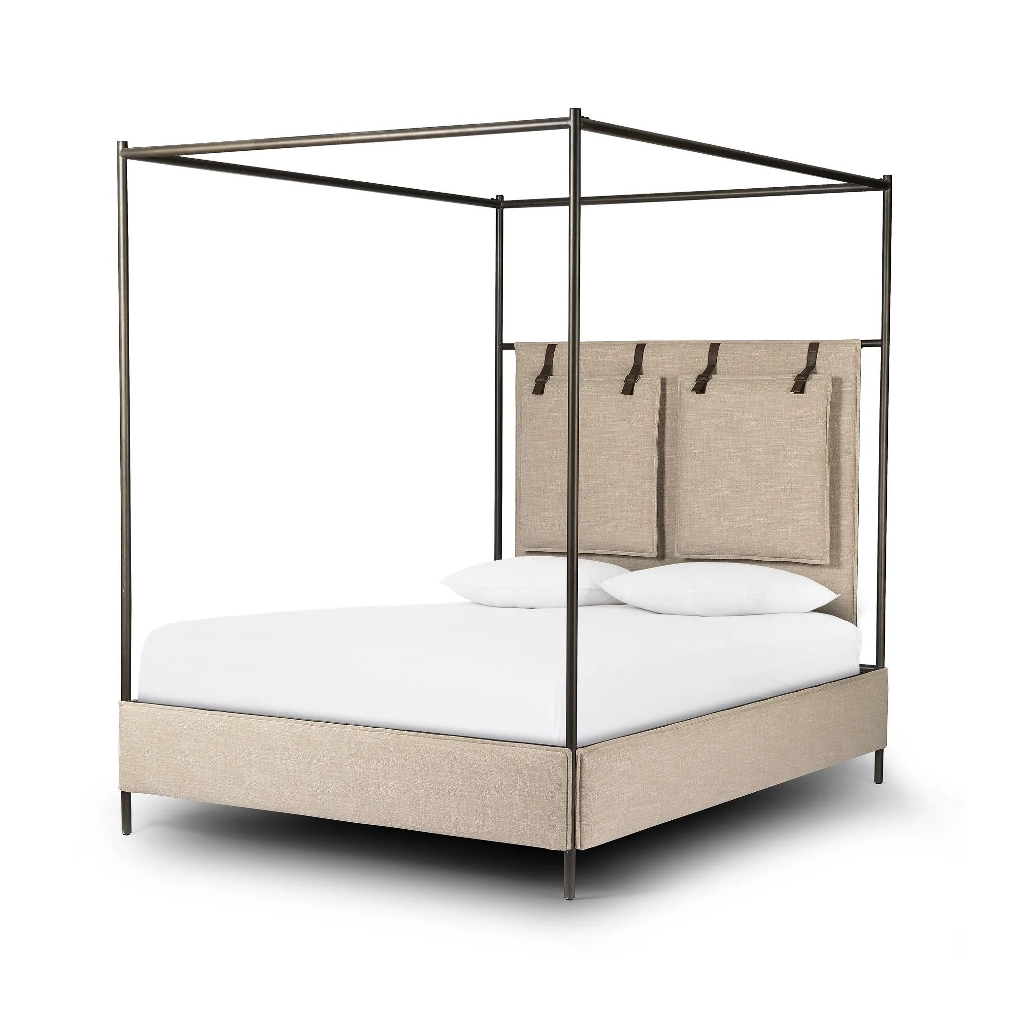 Safari styling gets refreshed with modern-minded high-performance fabric. Leather straps secure decorative suspended headboard pillows. Box spring required. This bed is not compatible with an adjustable mattress Amethyst Home provides interior design, new home construction design consulting, vintage area rugs, and lighting in the Des Moines metro area.