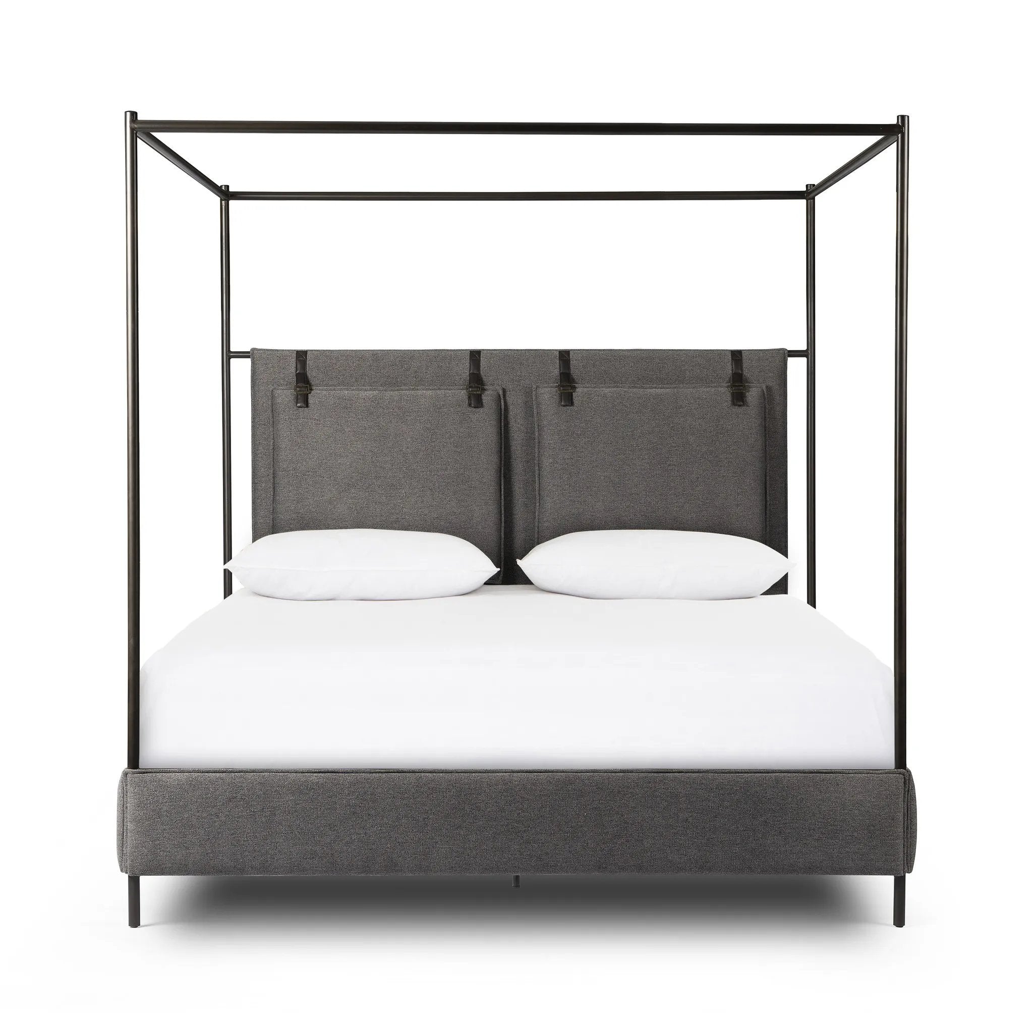 Safari styling gets refreshed with ash grey fabric and leather straps that secure decorative suspended headboard pillows. Box spring required. This bed is not compatible with an adjustable mattress Amethyst Home provides interior design, new home construction design consulting, vintage area rugs, and lighting in the Alpharetta metro area.