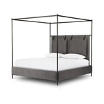 Safari styling gets refreshed with ash grey fabric and leather straps that secure decorative suspended headboard pillows. Box spring required. This bed is not compatible with an adjustable mattress Amethyst Home provides interior design, new home construction design consulting, vintage area rugs, and lighting in the Austin metro area.
