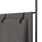 Safari styling gets refreshed with ash grey fabric and leather straps that secure decorative suspended headboard pillows. Box spring required. This bed is not compatible with an adjustable mattress Amethyst Home provides interior design, new home construction design consulting, vintage area rugs, and lighting in the Boston metro area.