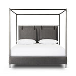 Safari styling gets refreshed with ash grey fabric and leather straps that secure decorative suspended headboard pillows. Box spring required. This bed is not compatible with an adjustable mattress Amethyst Home provides interior design, new home construction design consulting, vintage area rugs, and lighting in the Des Moines metro area.