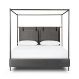 Safari styling gets refreshed with ash grey fabric and leather straps that secure decorative suspended headboard pillows. Box spring required. This bed is not compatible with an adjustable mattress Amethyst Home provides interior design, new home construction design consulting, vintage area rugs, and lighting in the Des Moines metro area.
