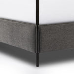 Safari styling gets refreshed with ash grey fabric and leather straps that secure decorative suspended headboard pillows. Box spring required. This bed is not compatible with an adjustable mattress Amethyst Home provides interior design, new home construction design consulting, vintage area rugs, and lighting in the Los Angeles metro area.