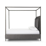 Safari styling gets refreshed with ash grey fabric and leather straps that secure decorative suspended headboard pillows. Box spring required. This bed is not compatible with an adjustable mattress Amethyst Home provides interior design, new home construction design consulting, vintage area rugs, and lighting in the Portland metro area.