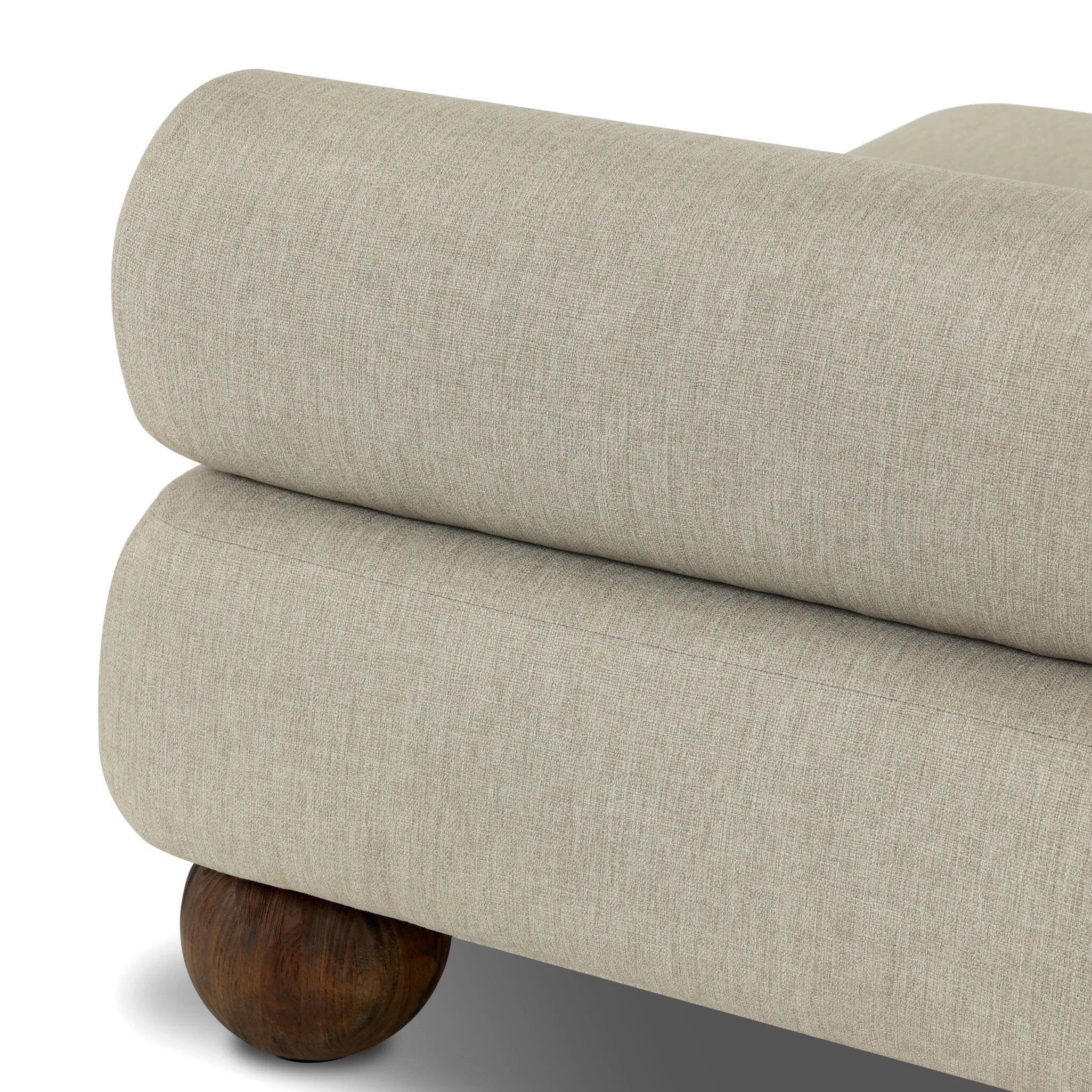 Add a little fun to your space with this boldly shaped outdoor chaise. Fully upholstered seat and bolster back finish in teak ball feet. Cover or store inside during inclement weather or when not in use.As enthusiasts of clean materials at Amethyst, we love the optimistic inspired Leilani Outdoor Chaise - Alessi Buff. Amethyst Home provides interior design, new home construction design consulting, vintage area rugs, and lighting in the Austin metro area.