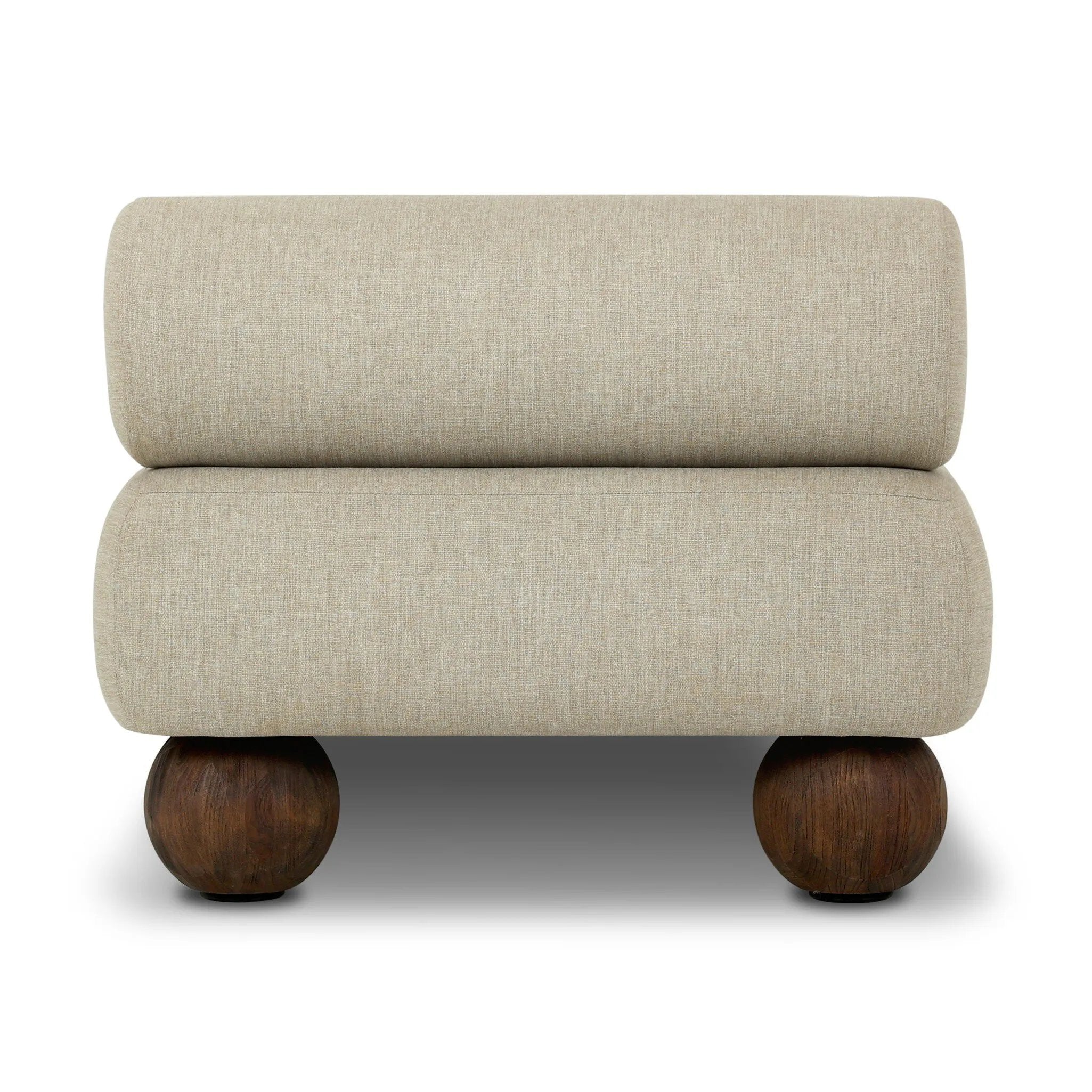 Add a little fun to your space with this boldly shaped outdoor chaise. Fully upholstered seat and bolster back finish in teak ball feet. Cover or store inside during inclement weather or when not in use.As enthusiasts of clean materials at Amethyst, we love the optimistic inspired Leilani Outdoor Chaise - Alessi Buff. Amethyst Home provides interior design, new home construction design consulting, vintage area rugs, and lighting in the Boston metro area.