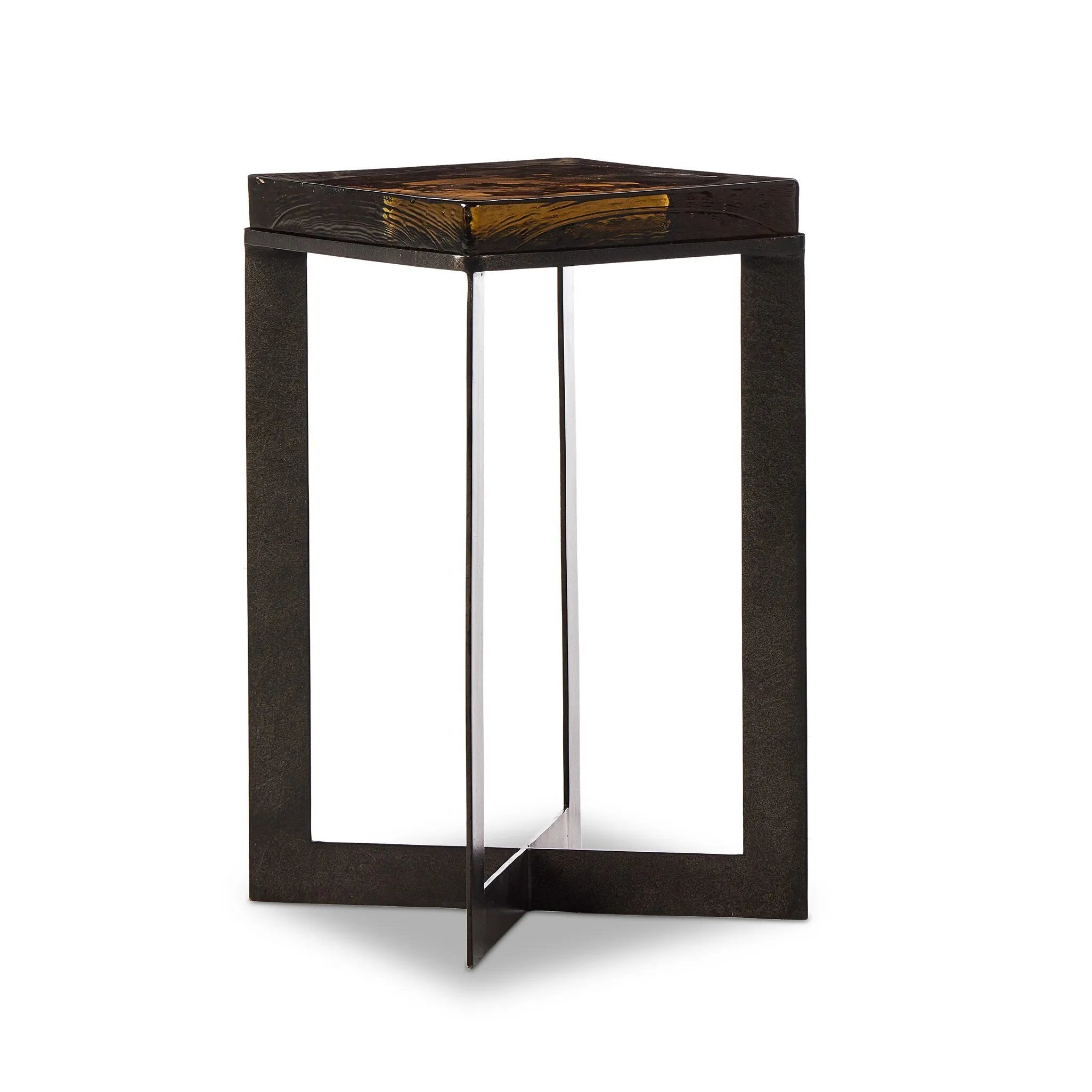 An airy, angular base of charcoal-burnished iron supports a squared tabletop of amber cast glass, perfectly sized to keep your drink or book within reach Amethyst Home provides interior design, new home construction design consulting, vintage area rugs, and lighting in the Laguna Beach metro area.
