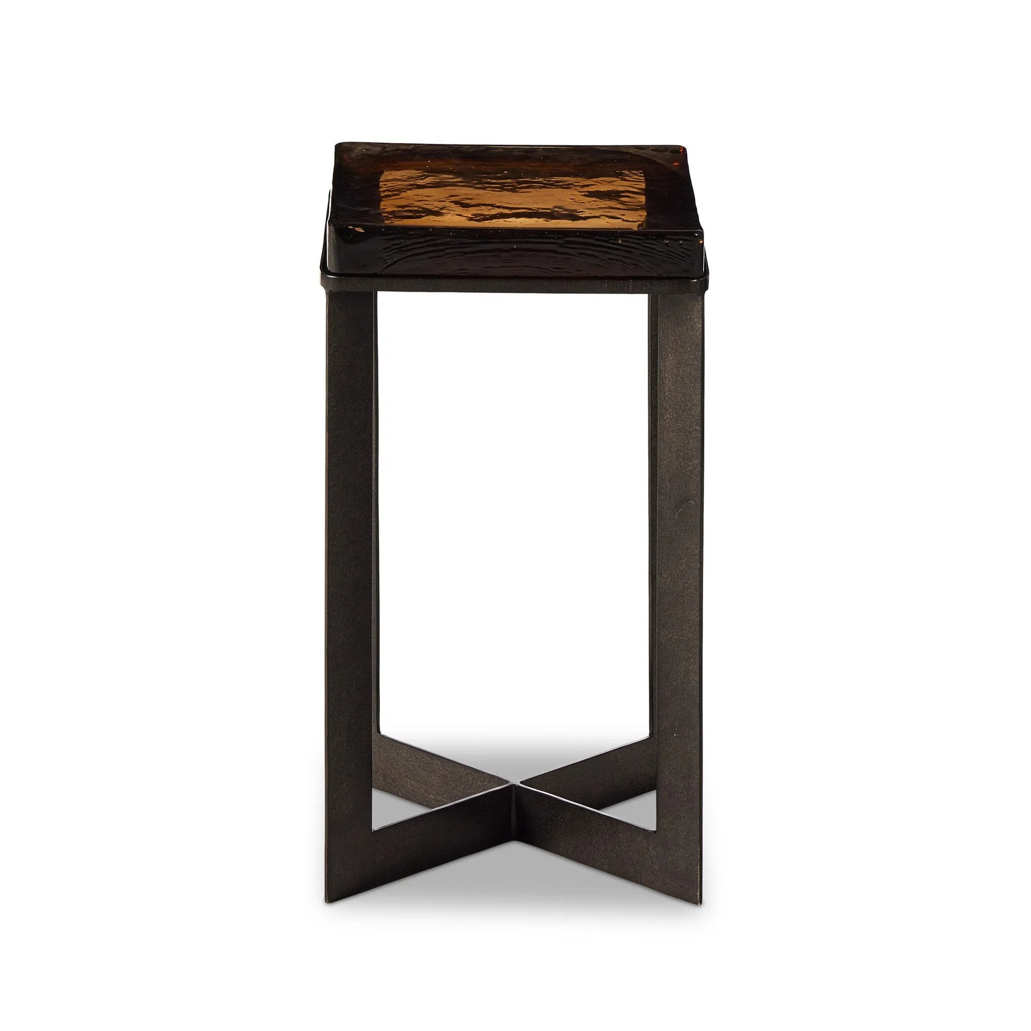 An airy, angular base of charcoal-burnished iron supports a squared tabletop of amber cast glass, perfectly sized to keep your drink or book within reach Amethyst Home provides interior design, new home construction design consulting, vintage area rugs, and lighting in the Omaha metro area.