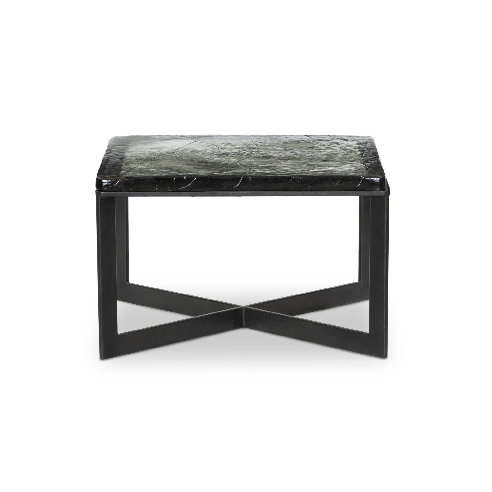 An airy, angular base of charcoal-burnished iron supports a squared tabletop of amber cast glass. Styles well alone or paired in multiples Amethyst Home provides interior design, new home construction design consulting, vintage area rugs, and lighting in the Los Angeles metro area.