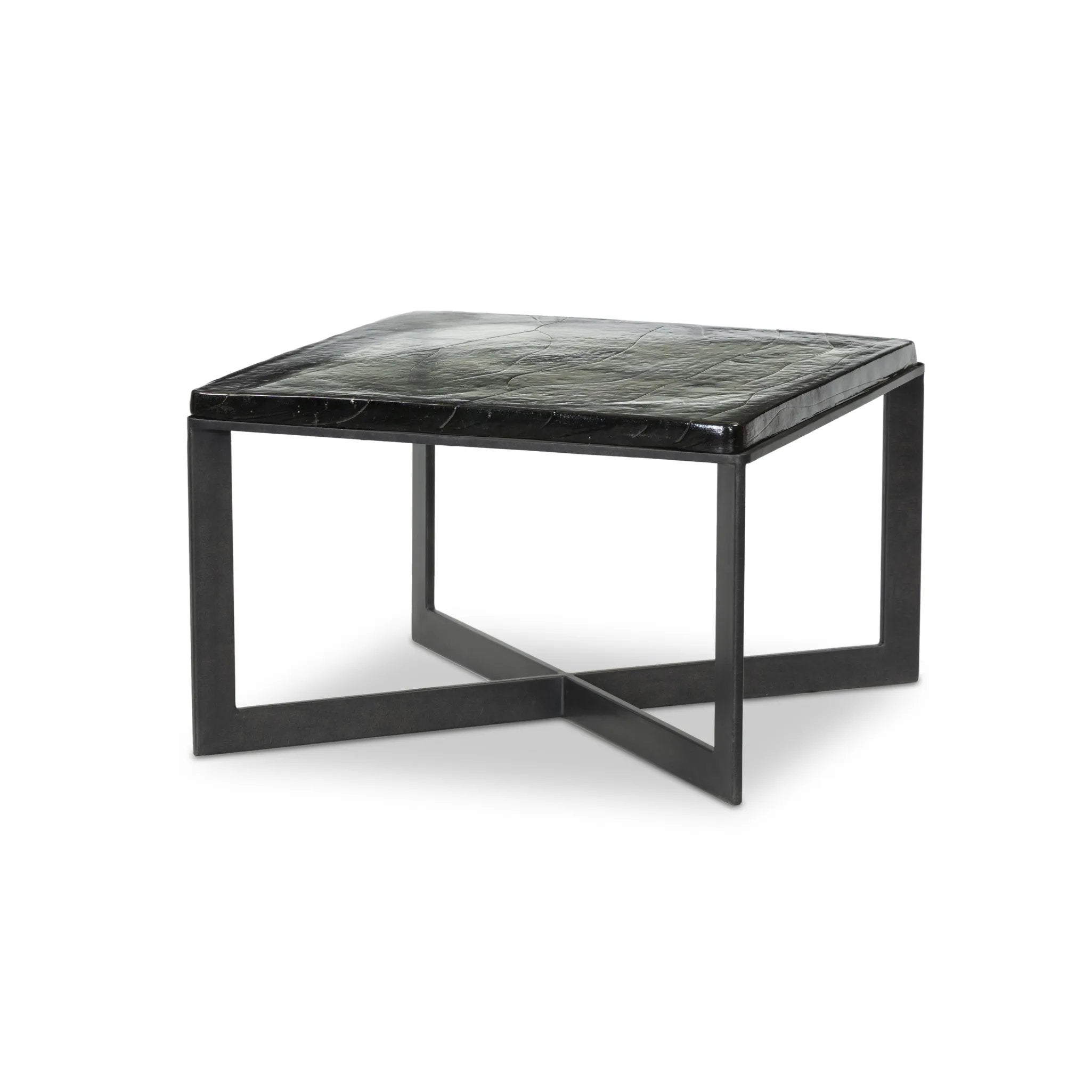 An airy, angular base of charcoal-burnished iron supports a squared tabletop of amber cast glass. Styles well alone or paired in multiples Amethyst Home provides interior design, new home construction design consulting, vintage area rugs, and lighting in the Salt Lake City metro area.