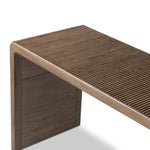 Featuring Leo Rustic Grey Console Table by Four Hands at Amethyst Home. Grey-finished oak shapes an elongated console table, rich with reeding. Subtly rounded edges reflect Brazilian midcentury inspiration behind this crafted minimalist piece. Designed in partnership with longtime Four Hands collaborator Thomas Bina and designer Ronald Sasson.Overall Dime. Amethyst Home provides interior design, new home construction design consulting, vintage area rugs, and lighting in the Kansas City metro area.