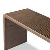 Featuring Leo Rustic Grey Console Table by Four Hands at Amethyst Home. Grey-finished oak shapes an elongated console table, rich with reeding. Subtly rounded edges reflect Brazilian midcentury inspiration behind this crafted minimalist piece. Designed in partnership with longtime Four Hands collaborator Thomas Bina and designer Ronald Sasson.Overall Dime. Amethyst Home provides interior design, new home construction design consulting, vintage area rugs, and lighting in the Kansas City metro area.