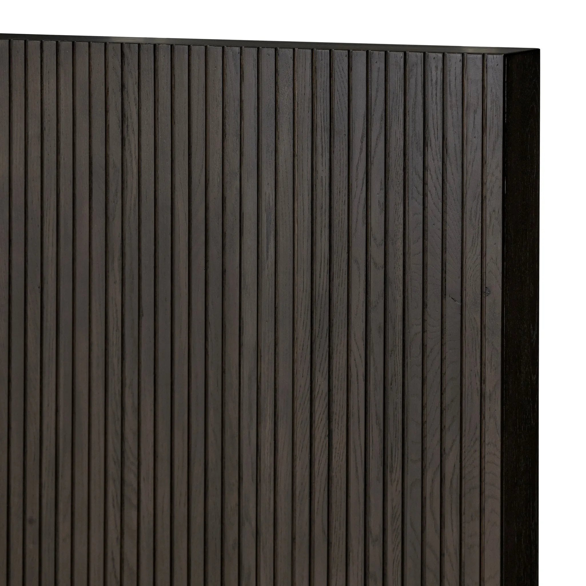 Designed by Thomas Bina and Ronald Sasson, a design partnership blending both modern minimalist and Brazilian influences. Crafted from a mix of solid oak and thick-cut oak veneer, this clean-lined bed features vertical reed detailing on the tall headboard and beautiful horizontal graining on the footboard for extra drama Amethyst Home provides interior design, new home construction design consulting, vintage area rugs, and lighting in the Alpharetta metro area.