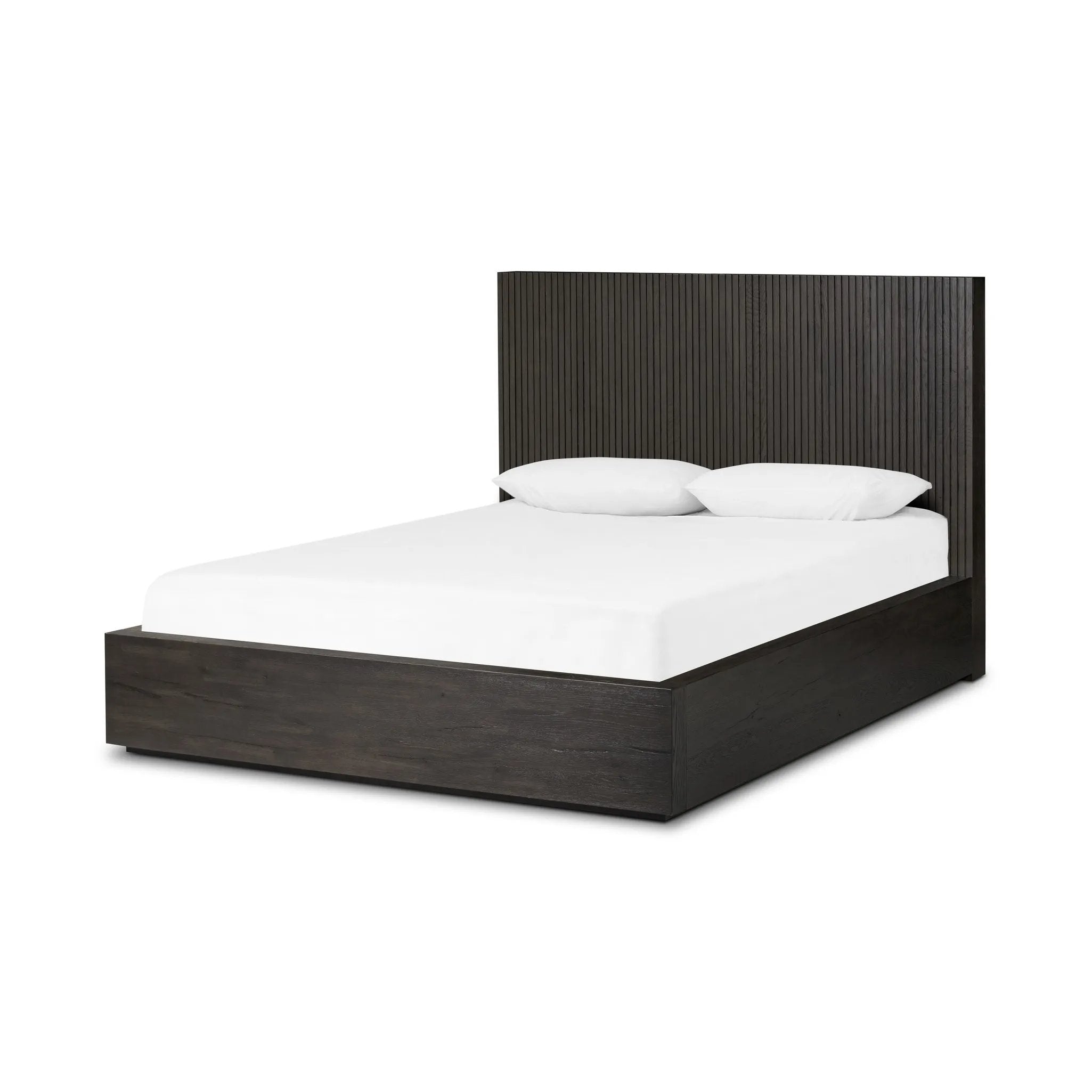 Designed by Thomas Bina and Ronald Sasson, a design partnership blending both modern minimalist and Brazilian influences. Crafted from a mix of solid oak and thick-cut oak veneer, this clean-lined bed features vertical reed detailing on the tall headboard and beautiful horizontal graining on the footboard for extra drama Amethyst Home provides interior design, new home construction design consulting, vintage area rugs, and lighting in the San Diego metro area.