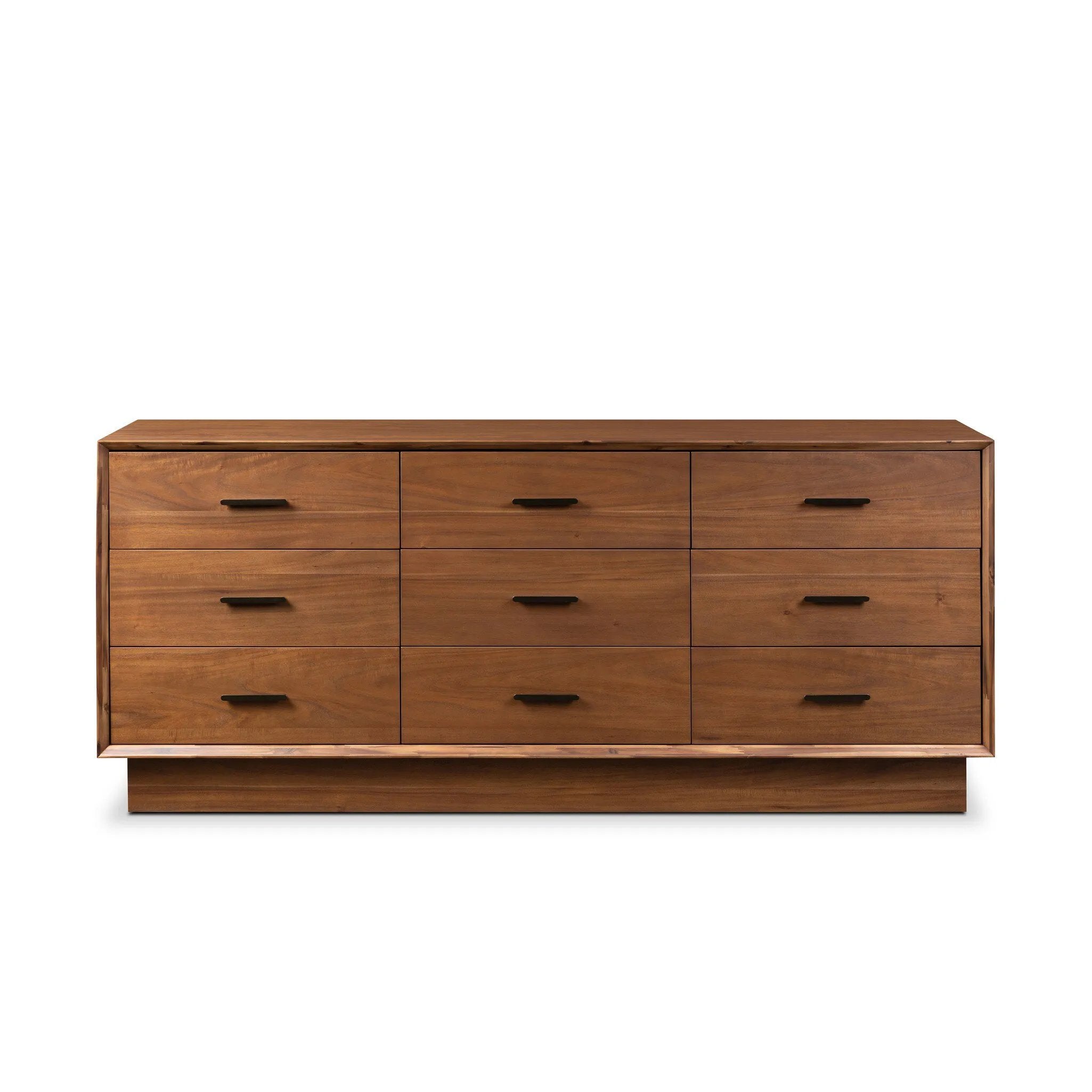 Make a subtle statement in your bedroom with a modern, architectural dresser. An exaggerated pedestal base of solid acacia supports a clean-lined case with nine roomy drawers. Iron hardware in an aged bronze finish the look.As enthusiasts of clean materials at Amethyst, we love the designer inspired Lilas 9 Drawer Dresser - Saddle Tan Veneer. Amethyst Home provides interior design, new home construction design consulting, vintage area rugs, and lighting in the Monterey metro area.