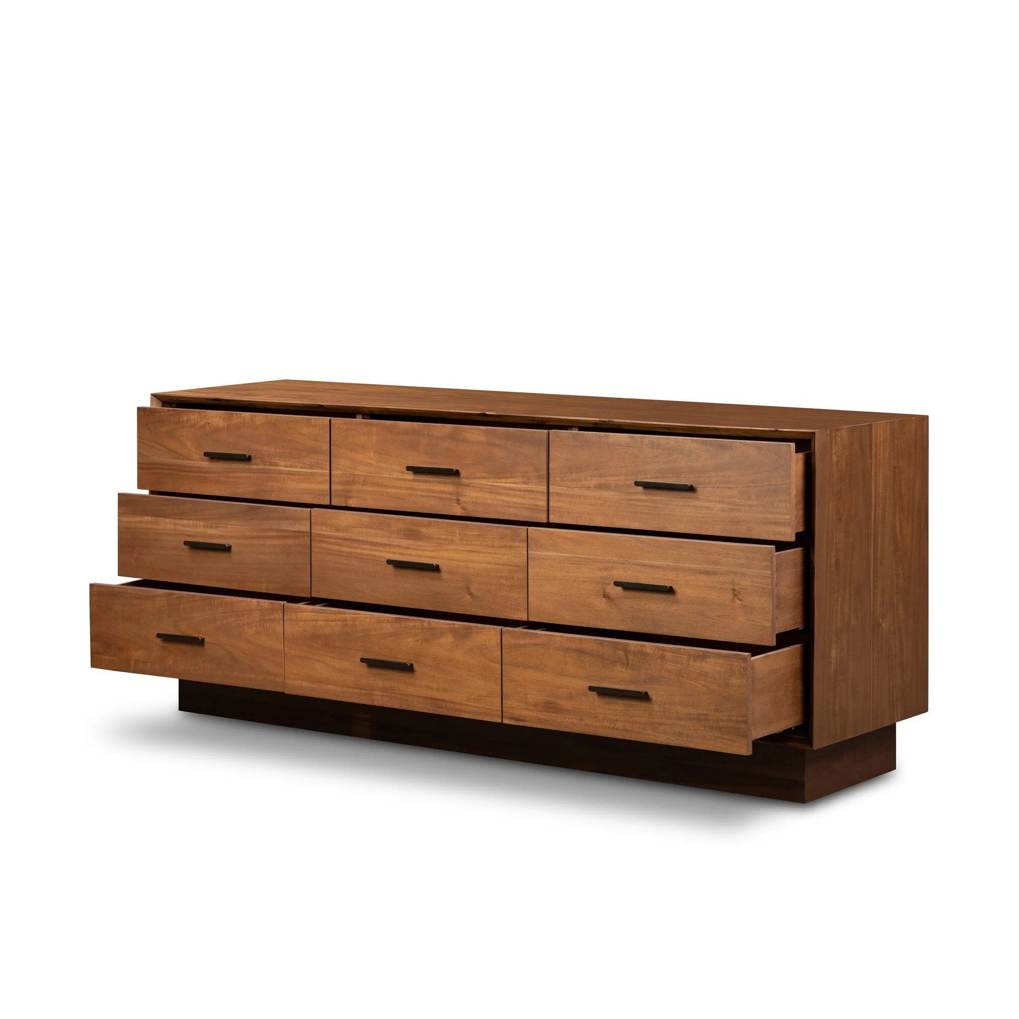 Make a subtle statement in your bedroom with a modern, architectural dresser. An exaggerated pedestal base of solid acacia supports a clean-lined case with nine roomy drawers. Iron hardware in an aged bronze finish the look.As enthusiasts of clean materials at Amethyst, we love the designer inspired Lilas 9 Drawer Dresser - Saddle Tan Veneer. Amethyst Home provides interior design, new home construction design consulting, vintage area rugs, and lighting in the Nashville metro area.