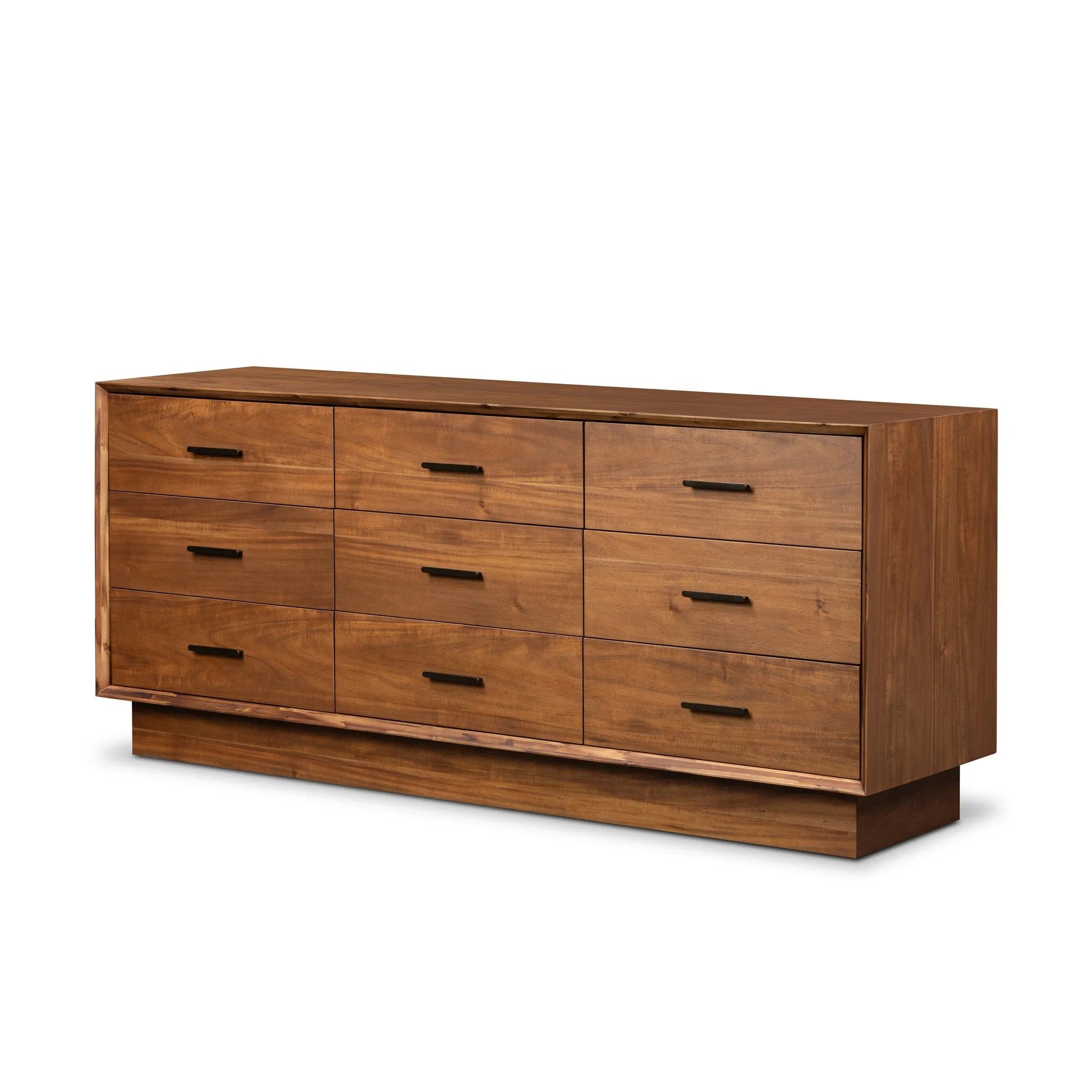 Make a subtle statement in your bedroom with a modern, architectural dresser. An exaggerated pedestal base of solid acacia supports a clean-lined case with nine roomy drawers. Iron hardware in an aged bronze finish the look.As enthusiasts of clean materials at Amethyst, we love the designer inspired Lilas 9 Drawer Dresser - Saddle Tan Veneer. Amethyst Home provides interior design, new home construction design consulting, vintage area rugs, and lighting in the Scottsdale metro area.