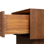 Add subtle statement to your bedside with architectural modern monolith-style nightstand. An exaggerated solid acacia pedestal elevates a matching case, while an iron handle in an aged bronze finish completes the look.As fans of wabi sabi style at Amethyst, we love the designer inspired Lilas Nightstand - Saddle Tan Veneer. Amethyst Home provides interior design, new home construction design consulting, vintage area rugs, and lighting in the Park City metro area.