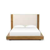 A woven, cushioned headboard in neutral cream adds texture around a floating platform base of light oak. Base features angular chamfered details, thick rails and footboard with a plinth base. Performance fabrics are specially created to withstand spills, stains, high traffic and wear, ensuring long-term comfort and unmatched durability Amethyst Home provides interior design, new home construction design consulting, vintage area rugs, and lighting in the Austin metro area.